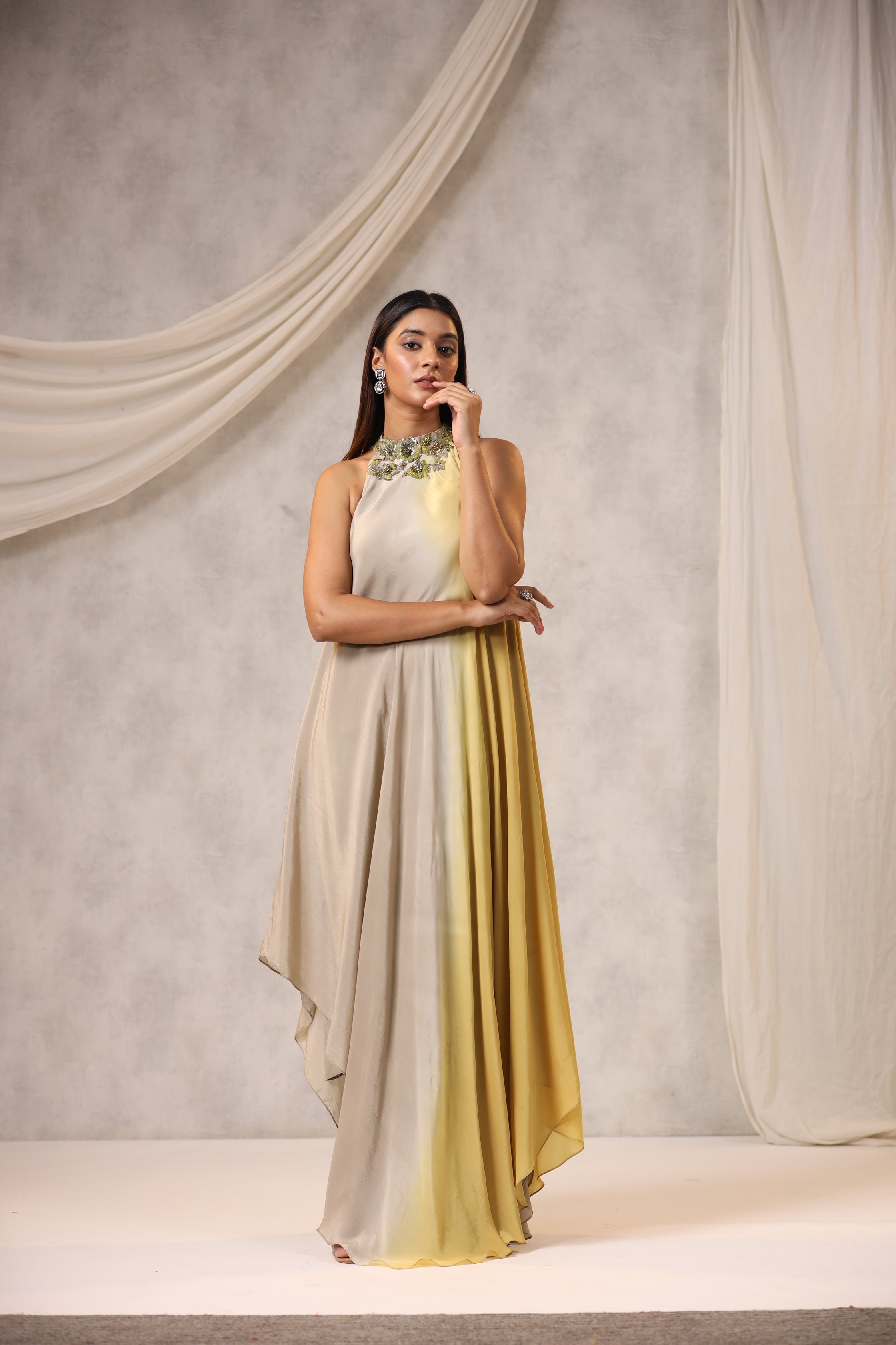 Beige & Mustard Georgette Sequins Embroidered Dress