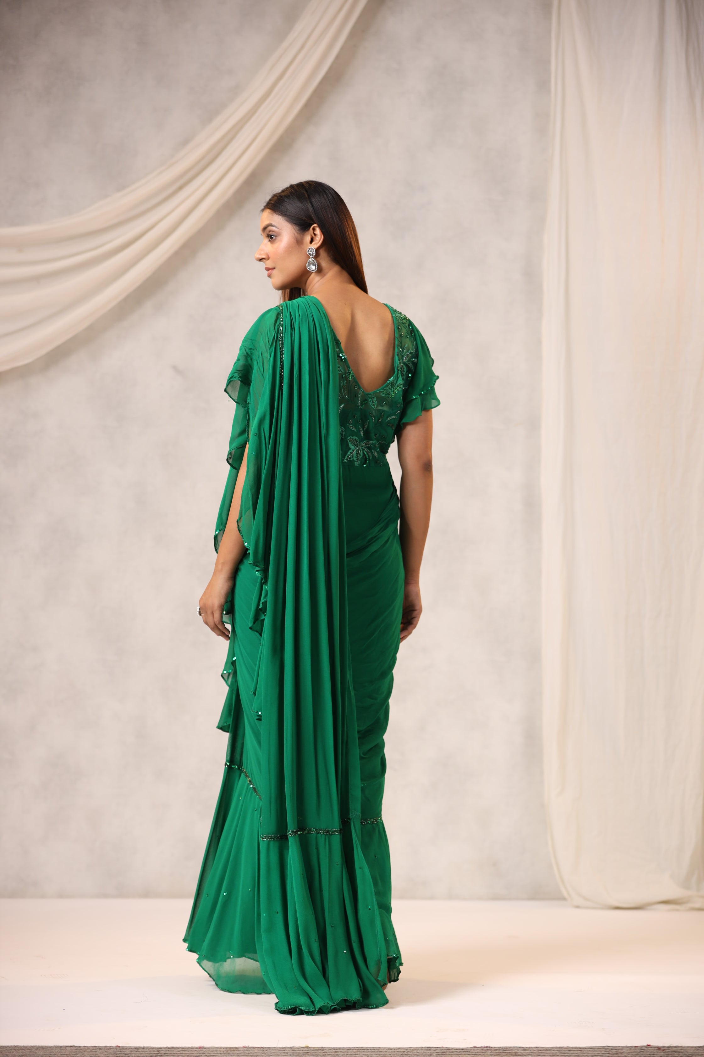 Green Georgette Draped Saree Set