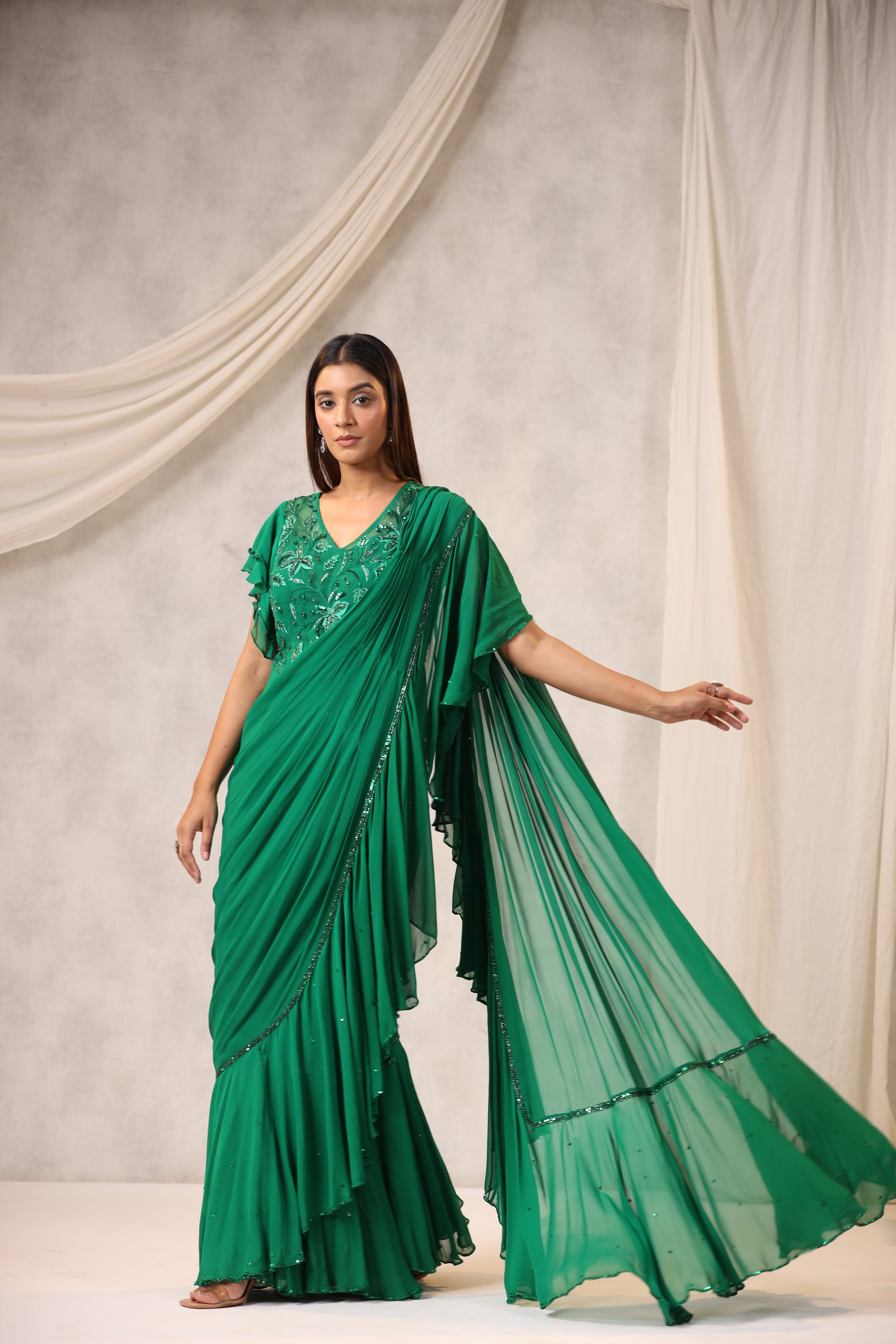 Green Georgette Draped Saree Set