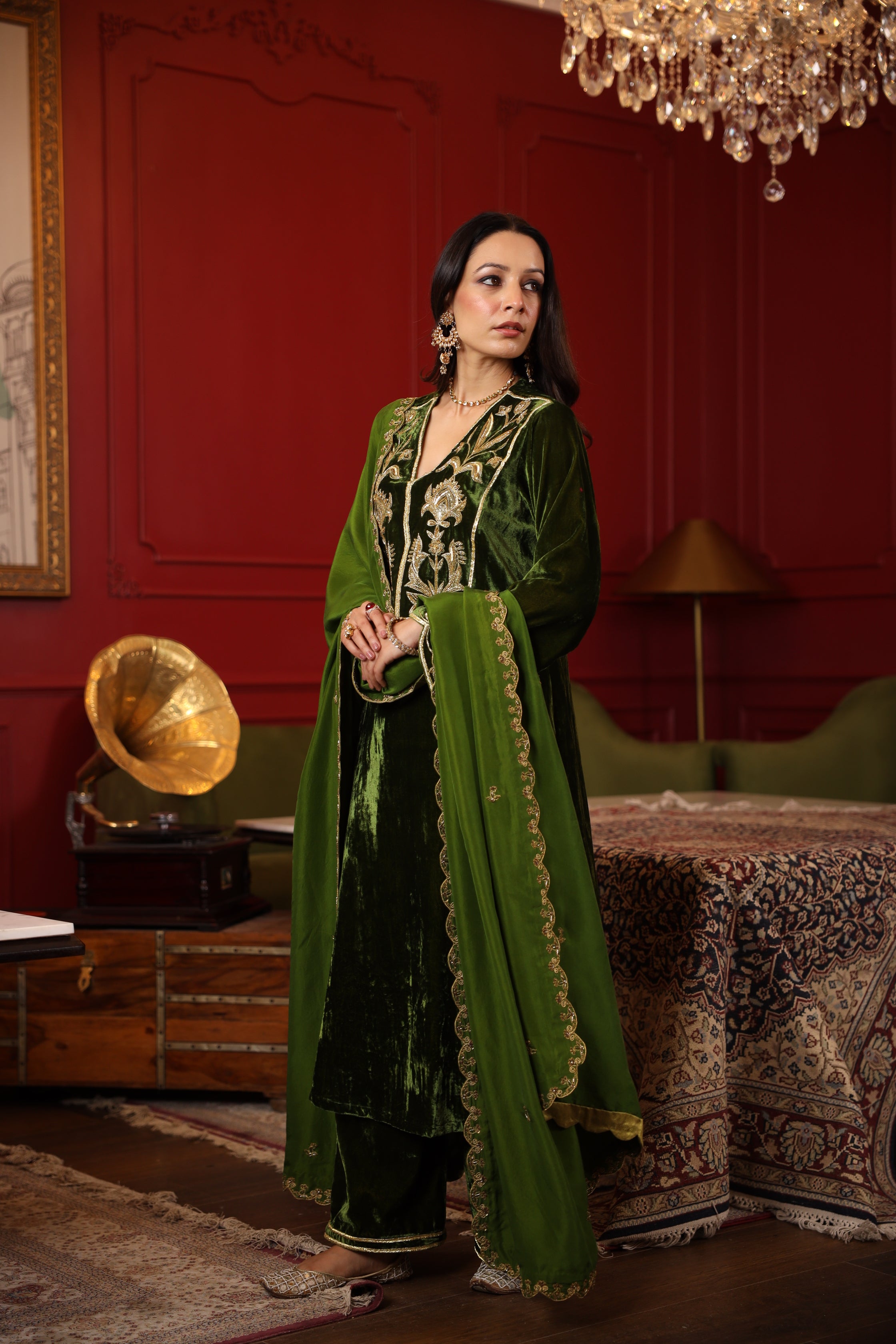 OLIVE GREEN VELVET EMBROIDERED KURTA SET