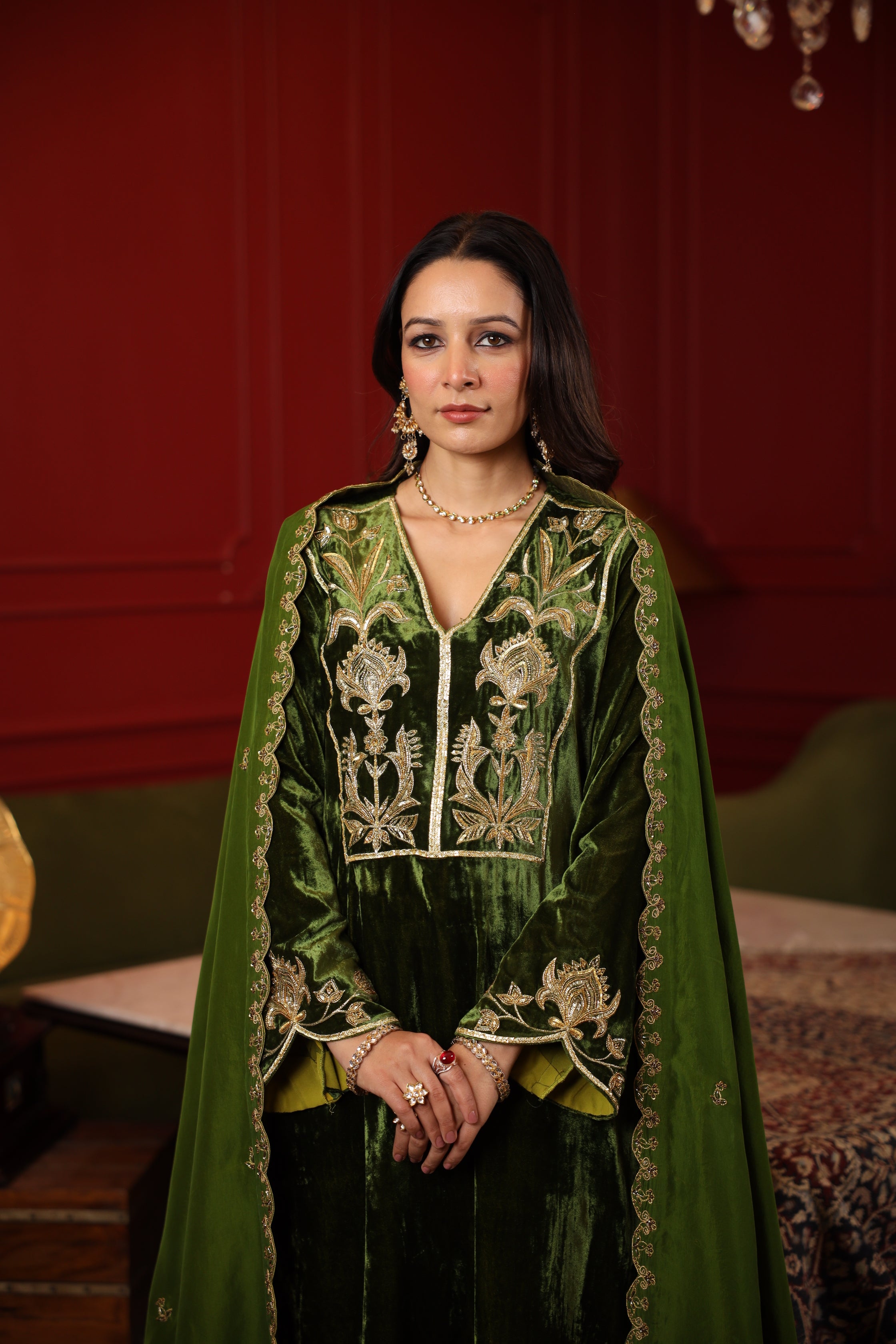 OLIVE GREEN VELVET EMBROIDERED KURTA SET