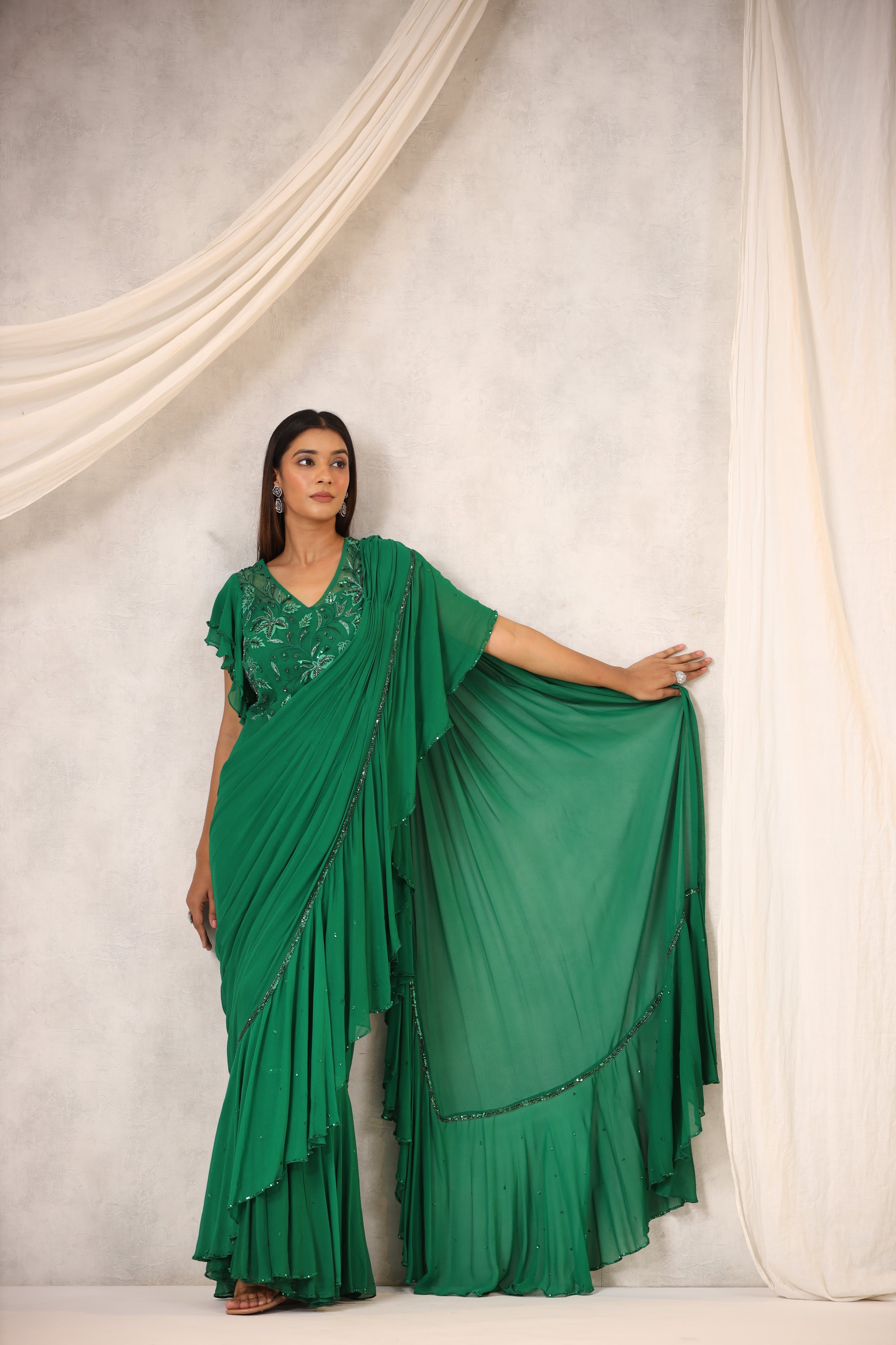 Green Georgette Draped Saree Set