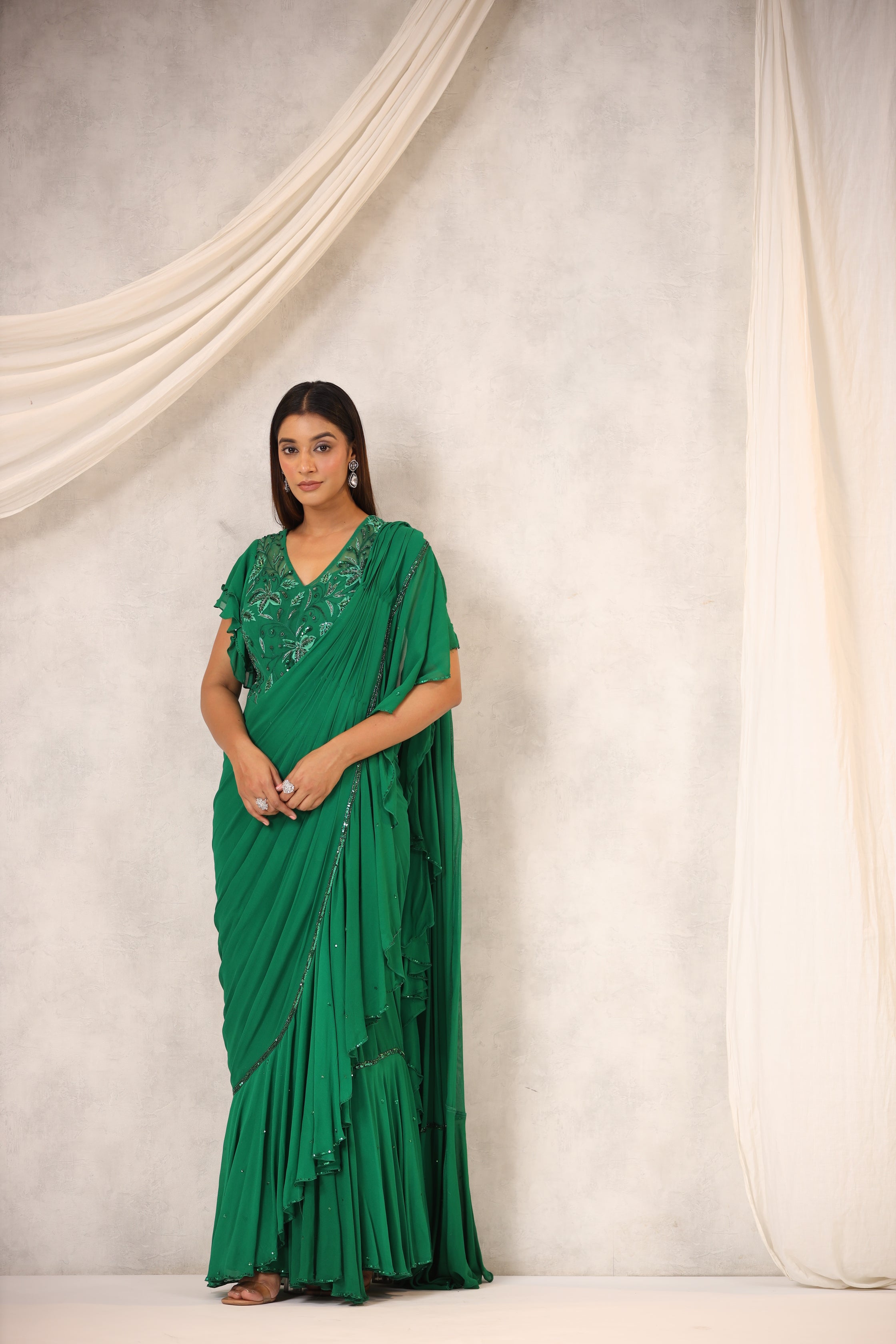 Green Georgette Draped Saree Set