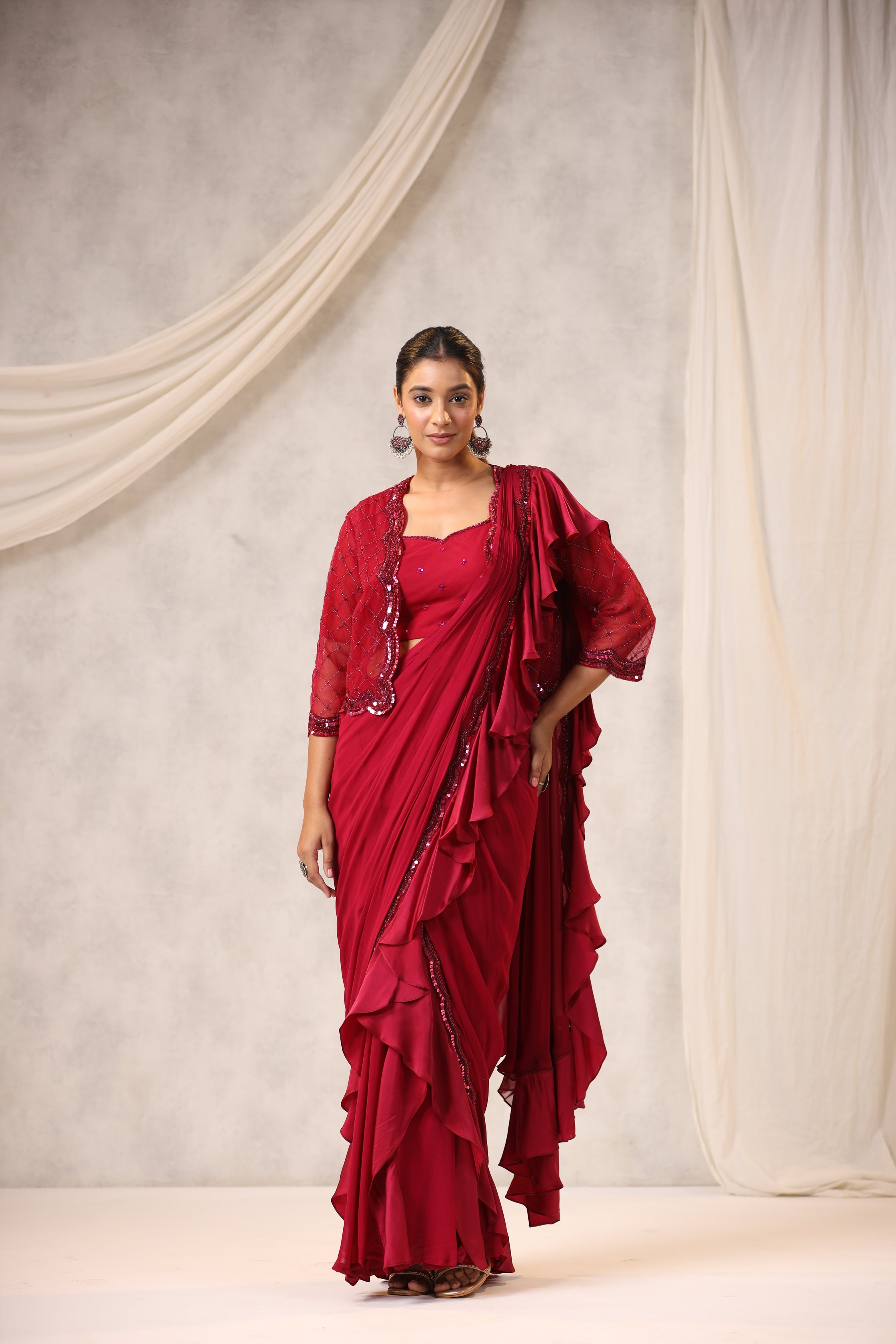 Maroon Georgette Draped Jacket Saree Set