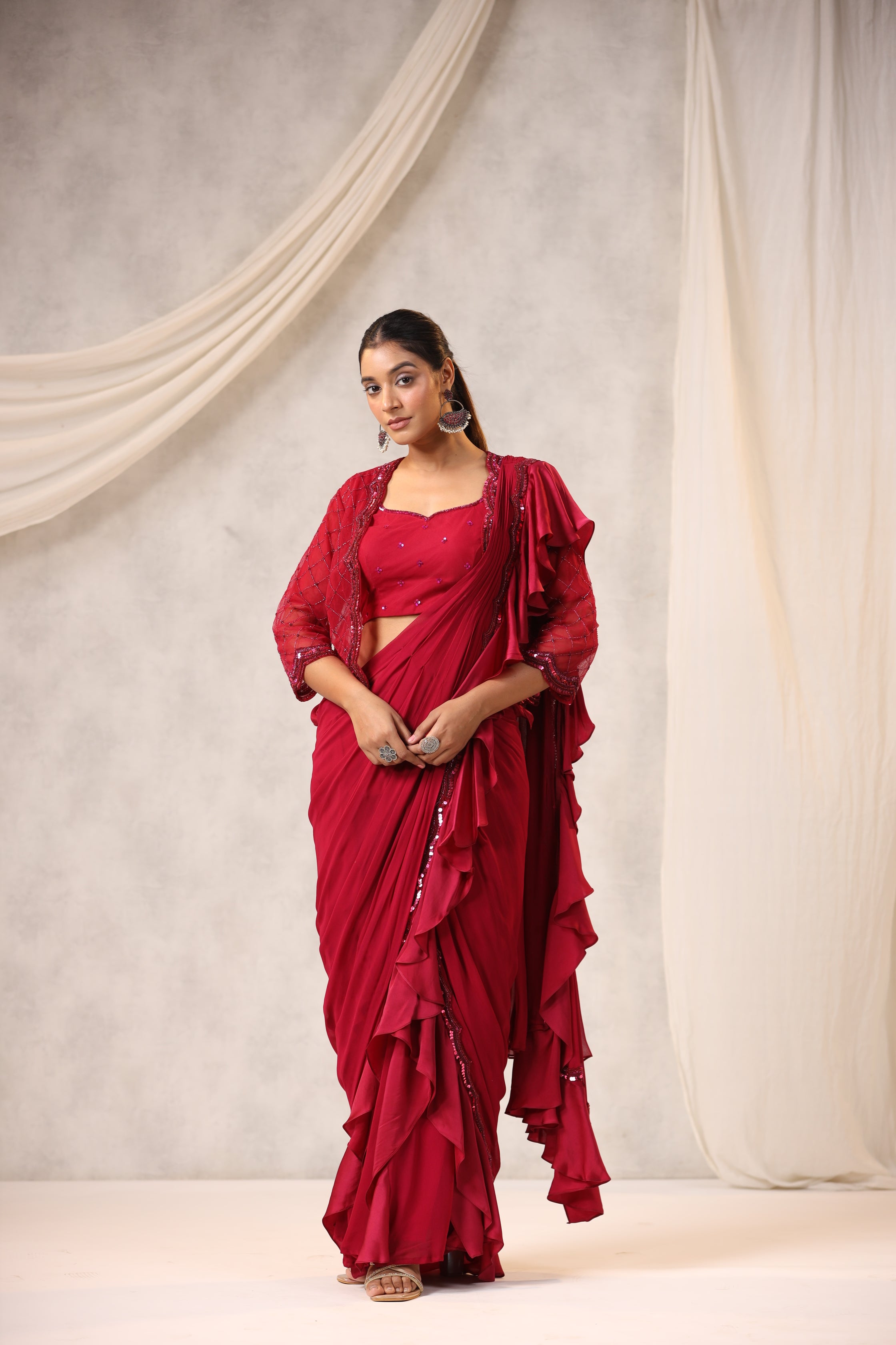 Maroon Georgette Draped Jacket Saree Set