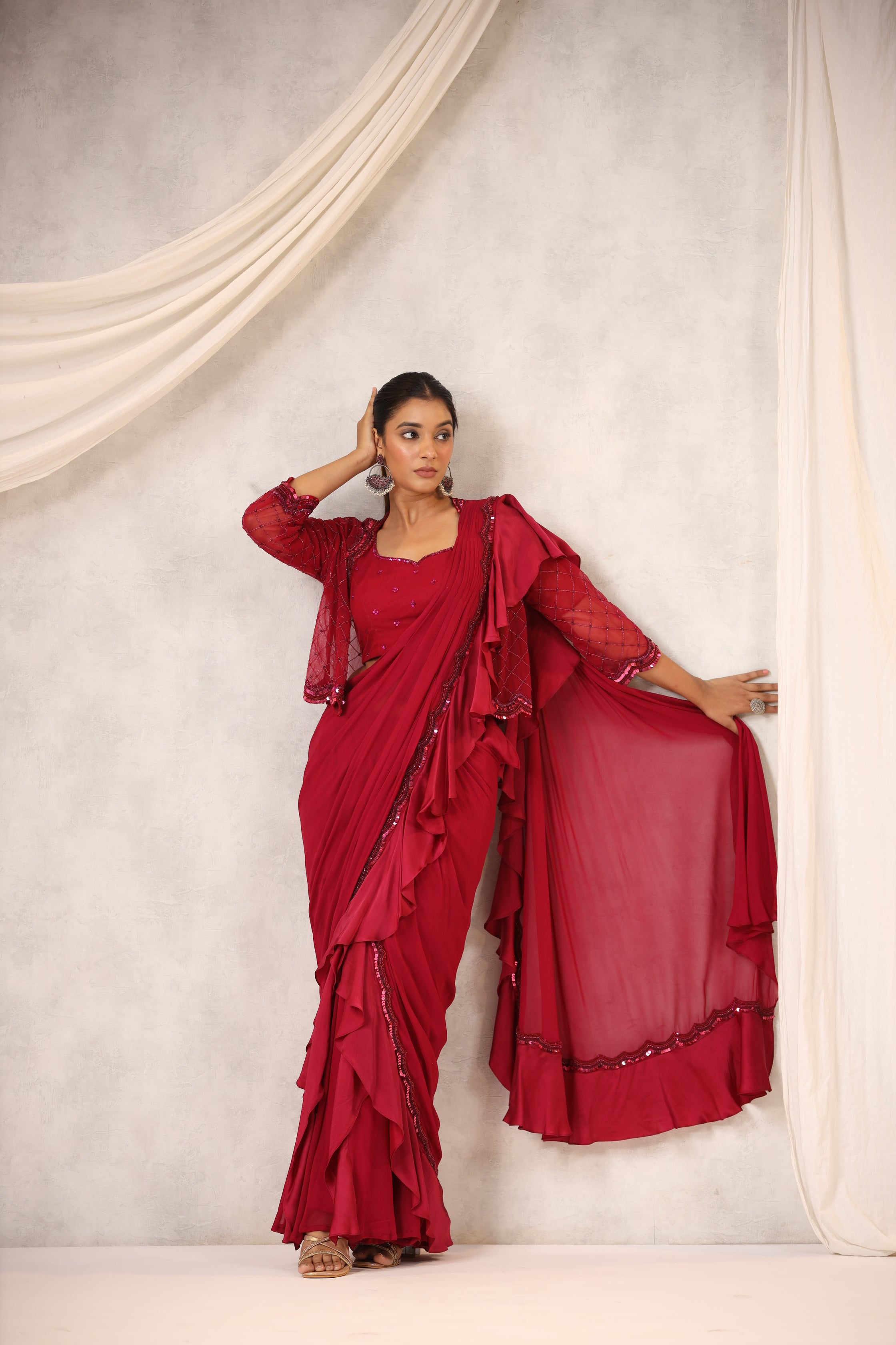 Maroon Georgette Draped Jacket Saree Set