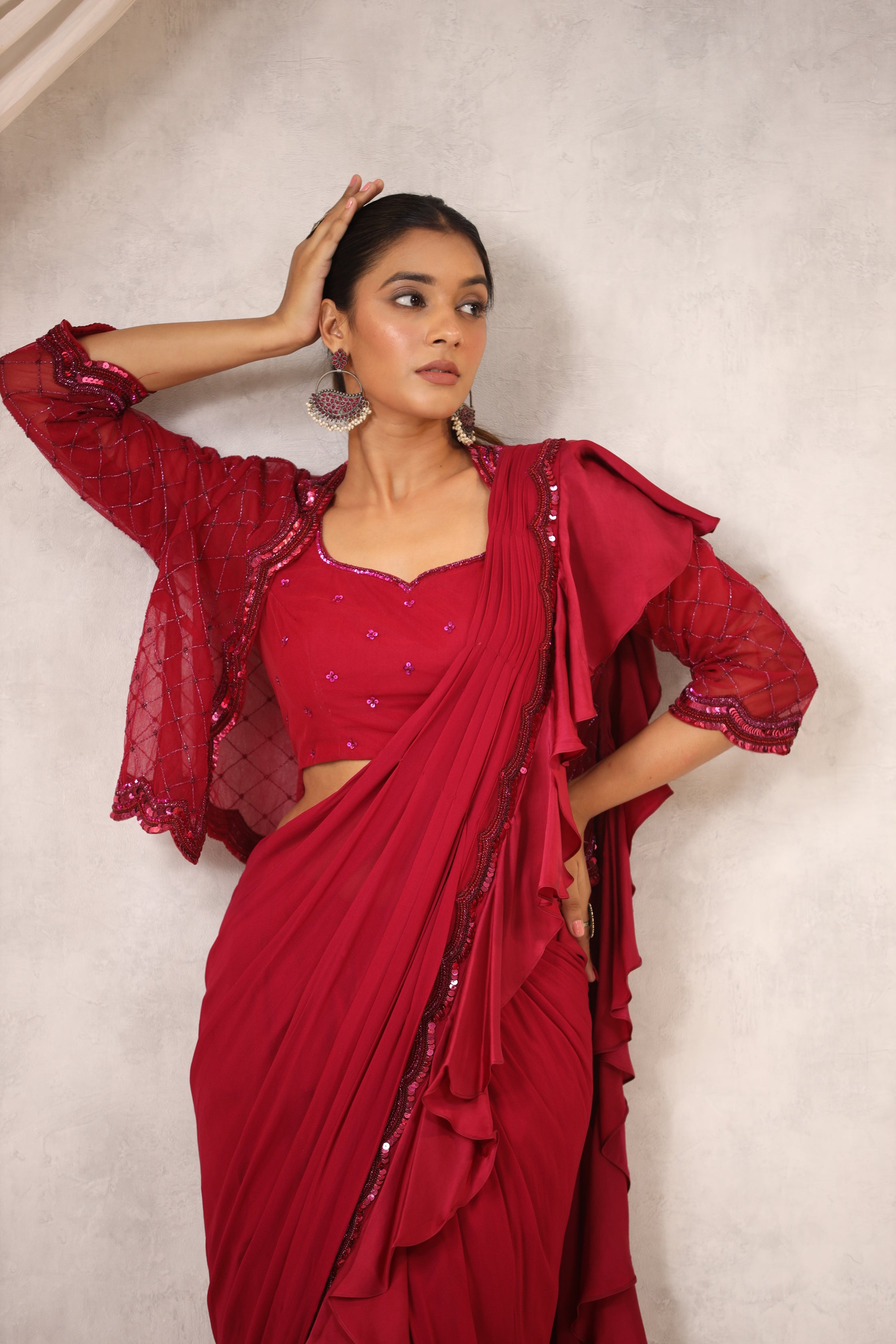 Maroon Georgette Draped Jacket Saree Set