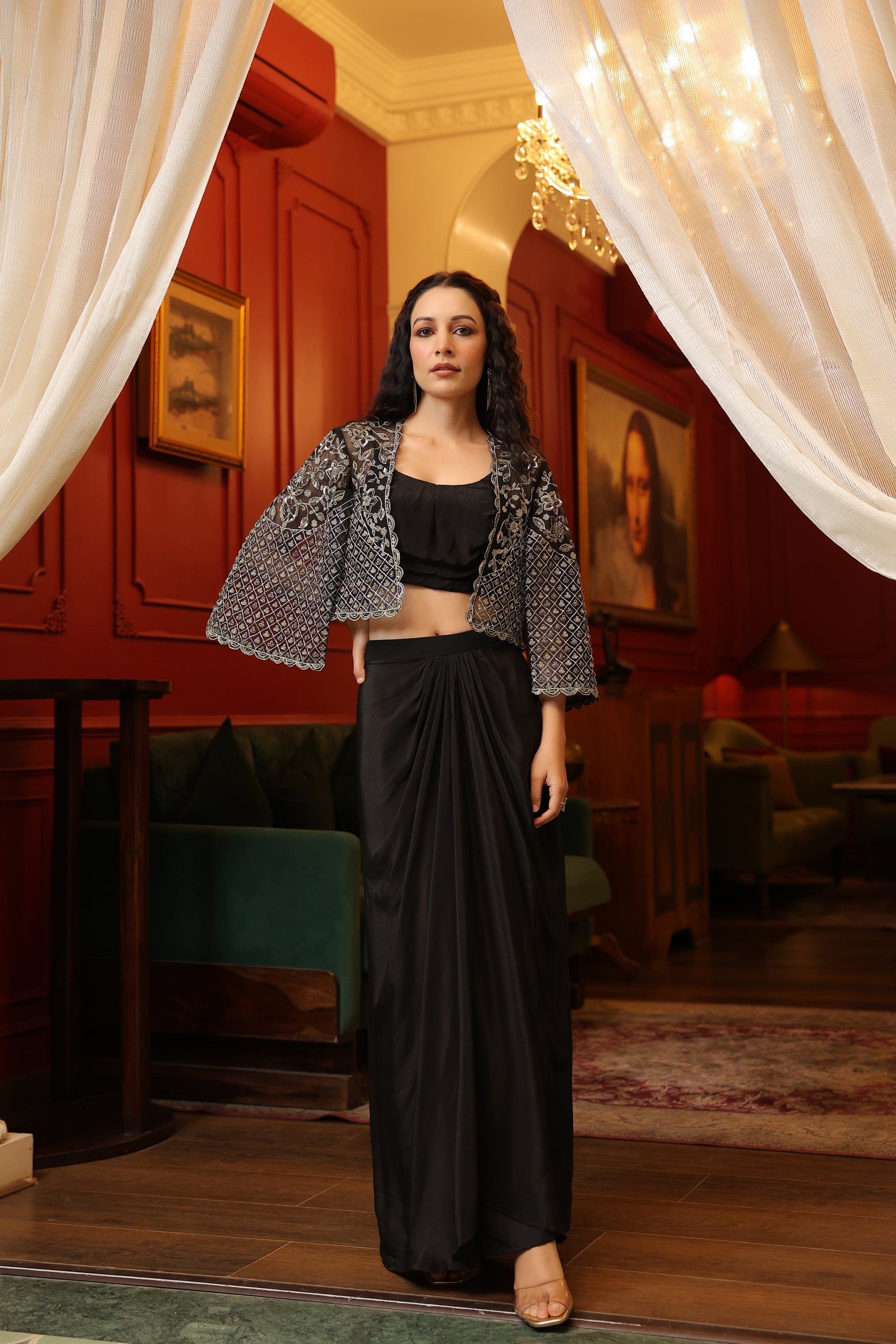 EMBROIDERED JACKET WITH BUSTIER AND PICKUP SKIRT