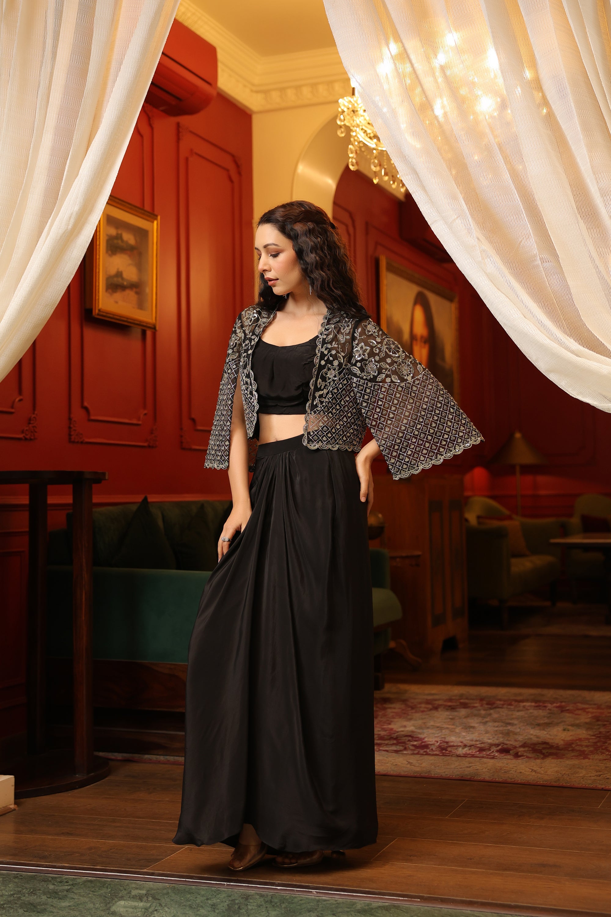 EMBROIDERED JACKET WITH BUSTIER AND PICKUP SKIRT