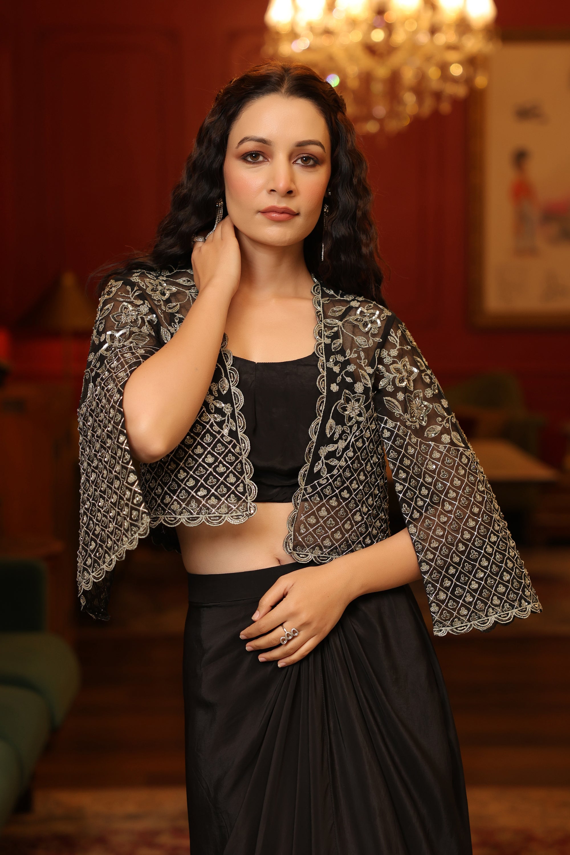 EMBROIDERED JACKET WITH BUSTIER AND PICKUP SKIRT