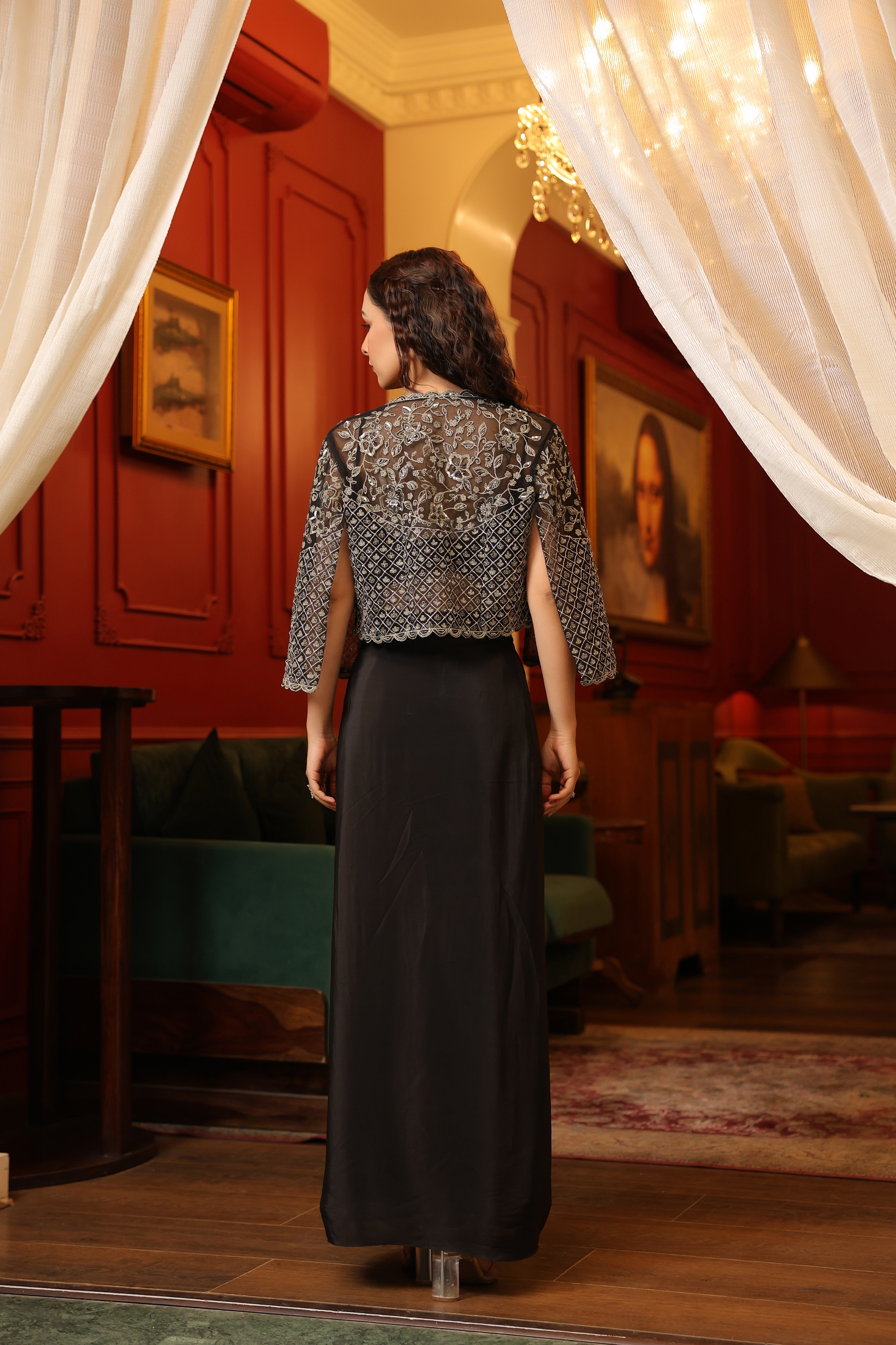 EMBROIDERED JACKET WITH BUSTIER AND PICKUP SKIRT