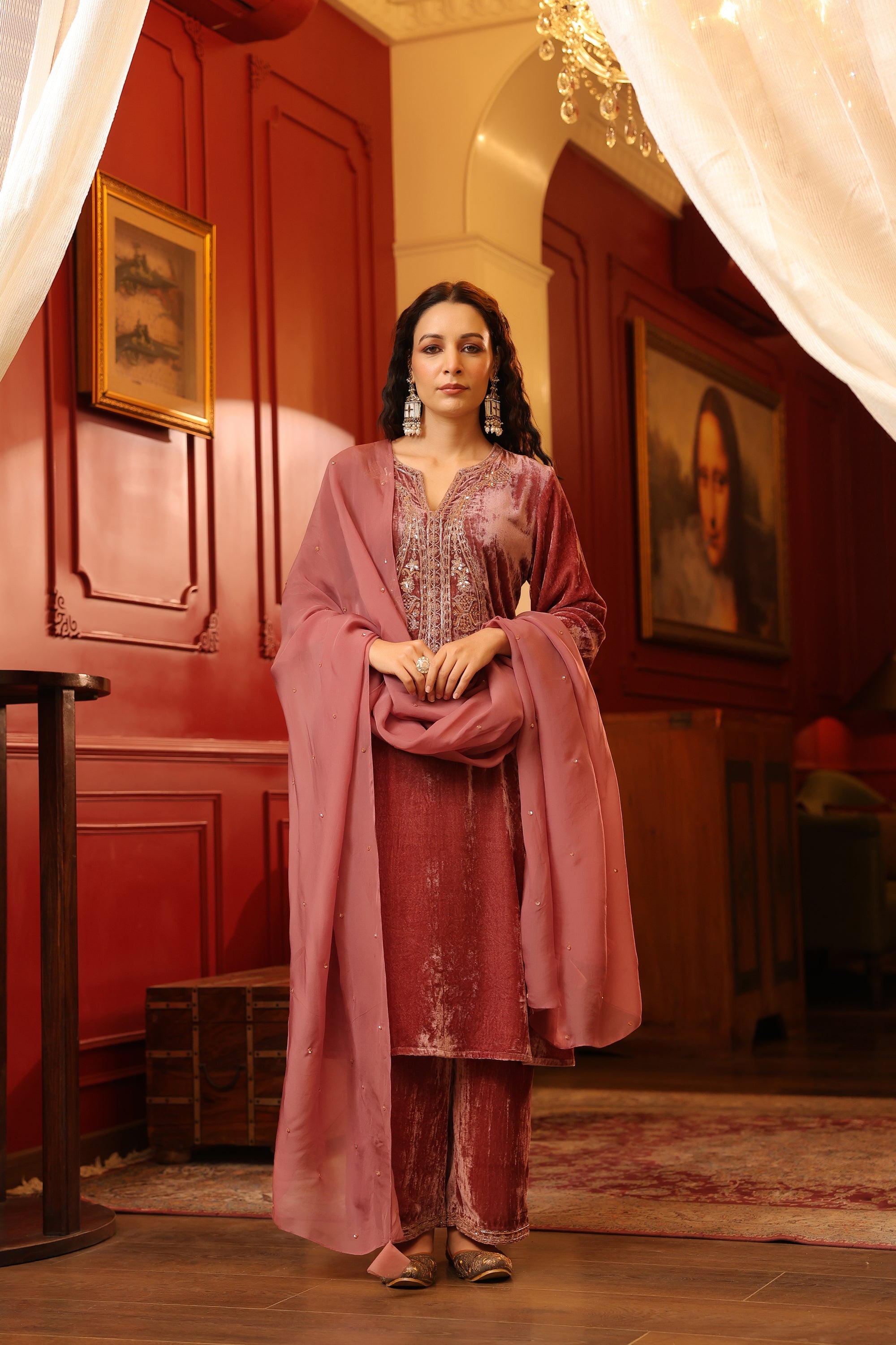 PINK VELVET KURTA SET