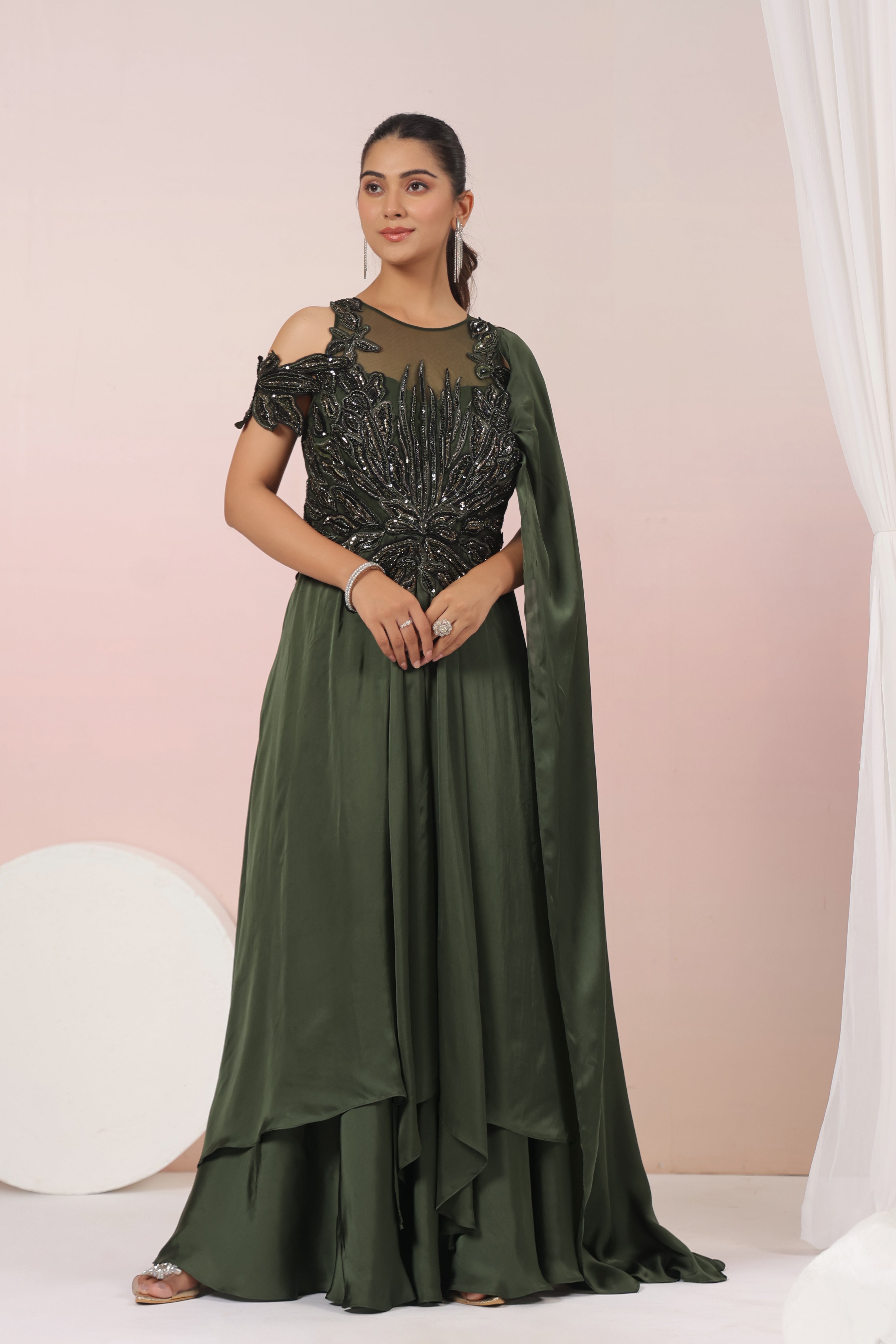 GREEN APPLIQUE DRAPE SAREE