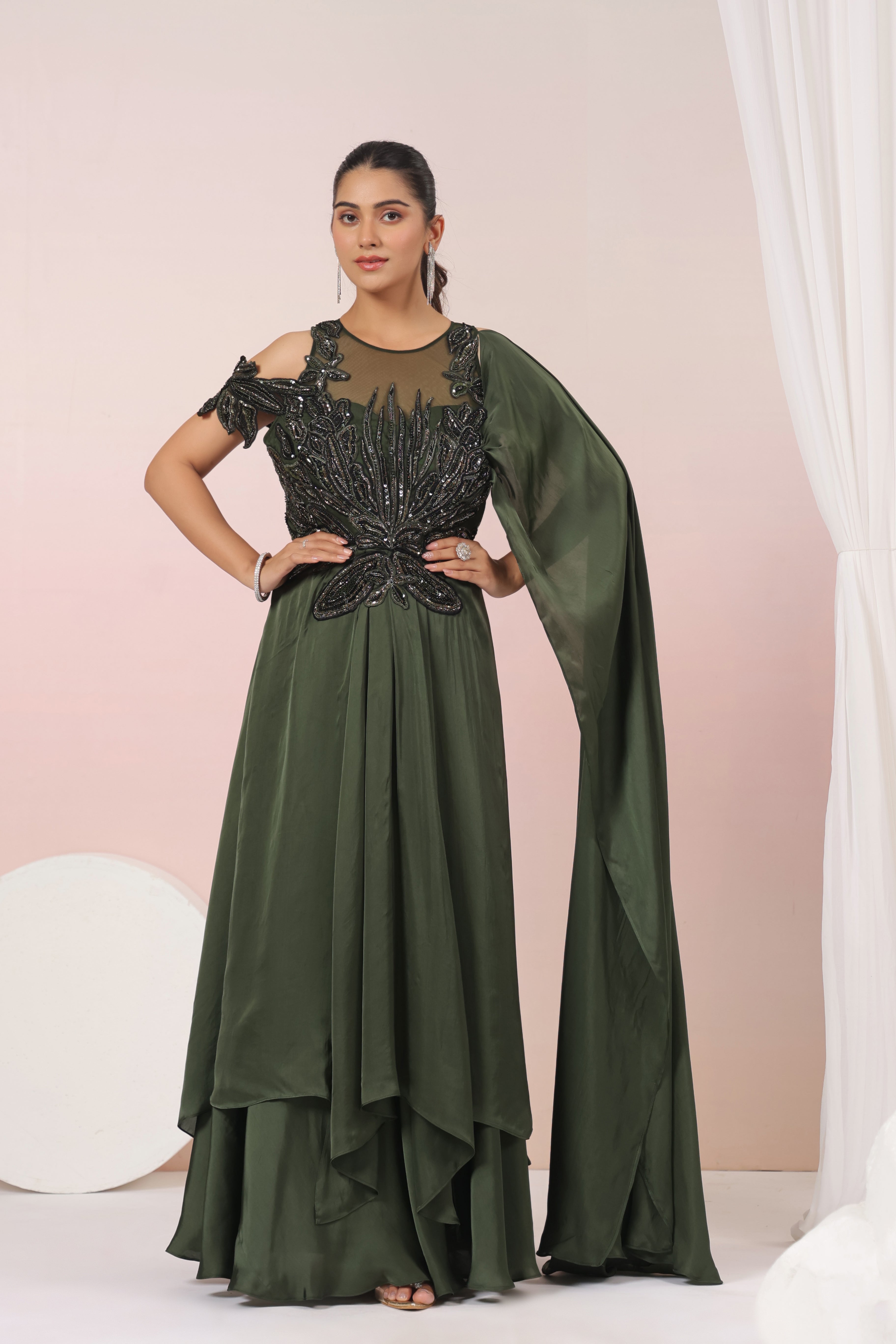 GREEN APPLIQUE DRAPE SAREE