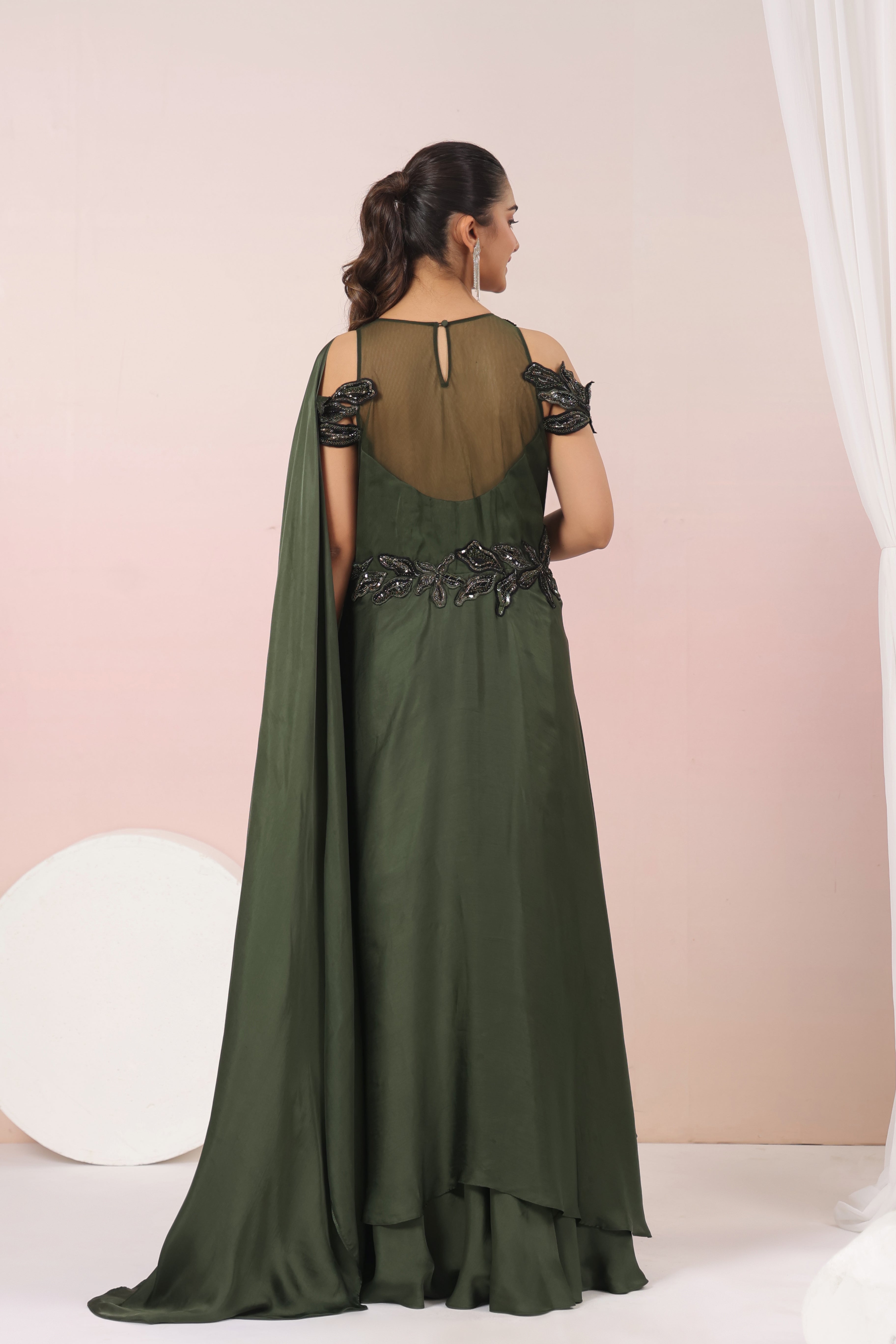 GREEN APPLIQUE DRAPE SAREE