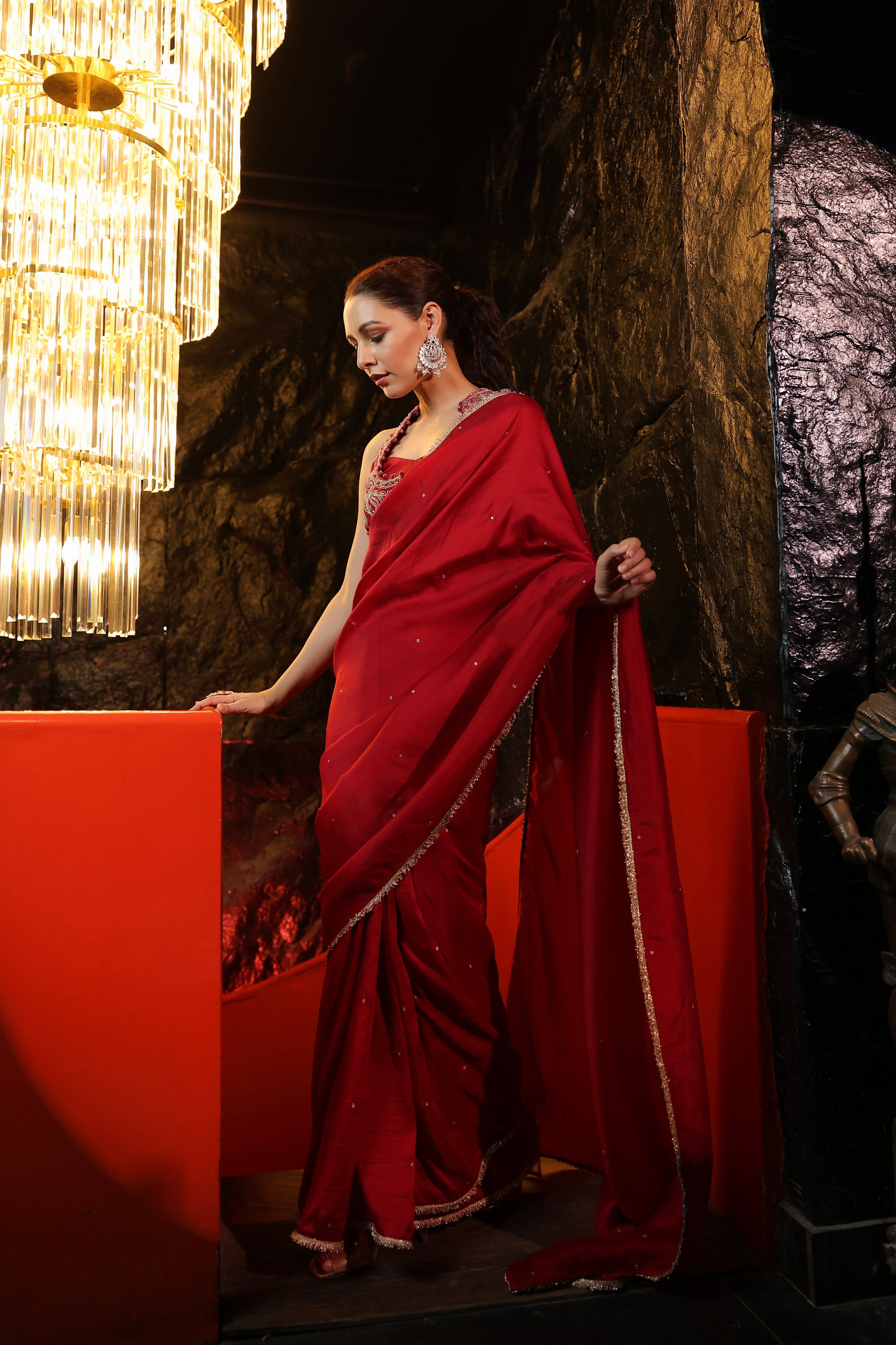 MAROON CHANDERI EMBROIDERED JACKET STYLE DRAPED SAREE