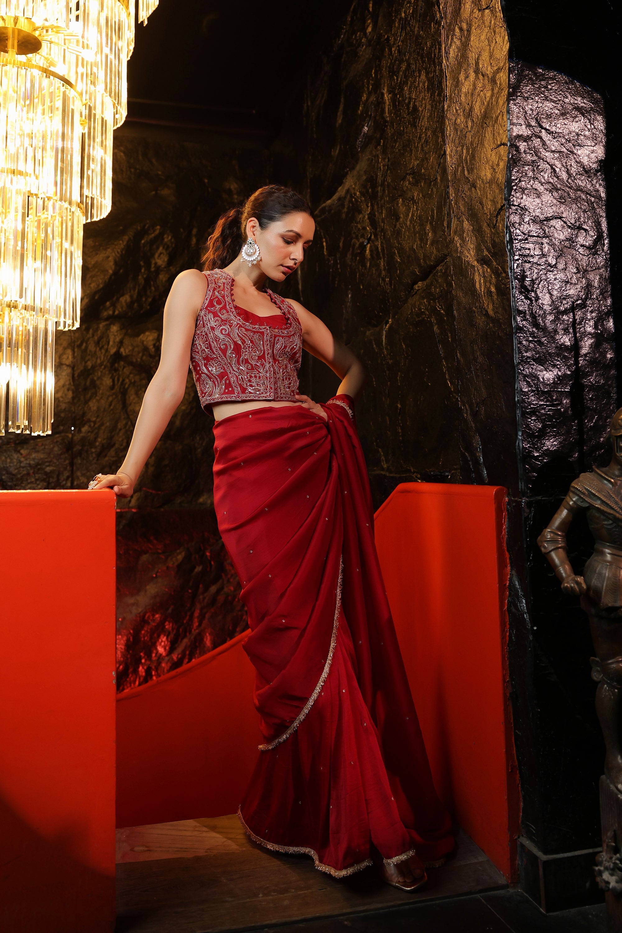 MAROON CHANDERI EMBROIDERED JACKET STYLE DRAPED SAREE