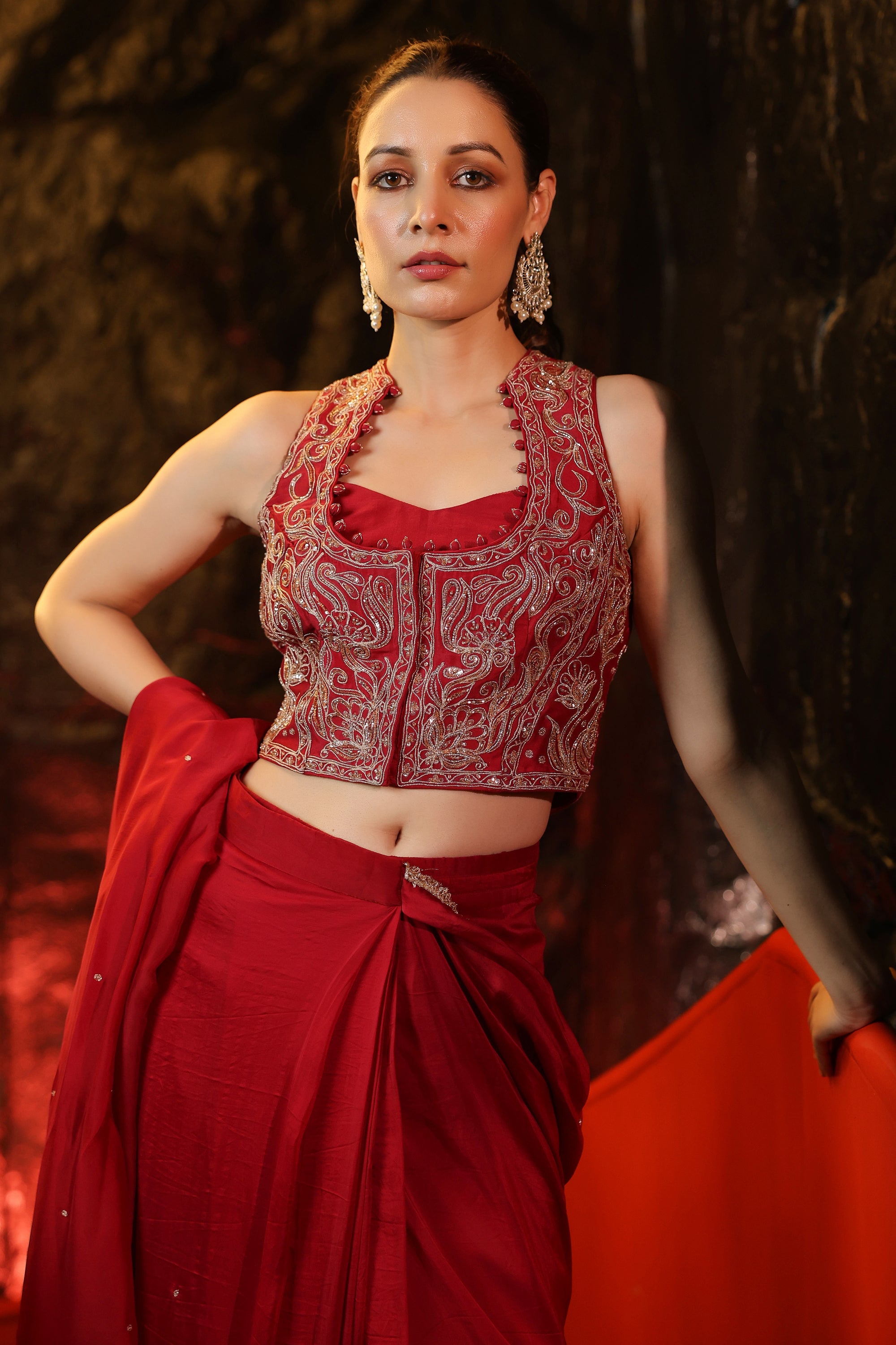 MAROON CHANDERI EMBROIDERED JACKET STYLE DRAPED SAREE