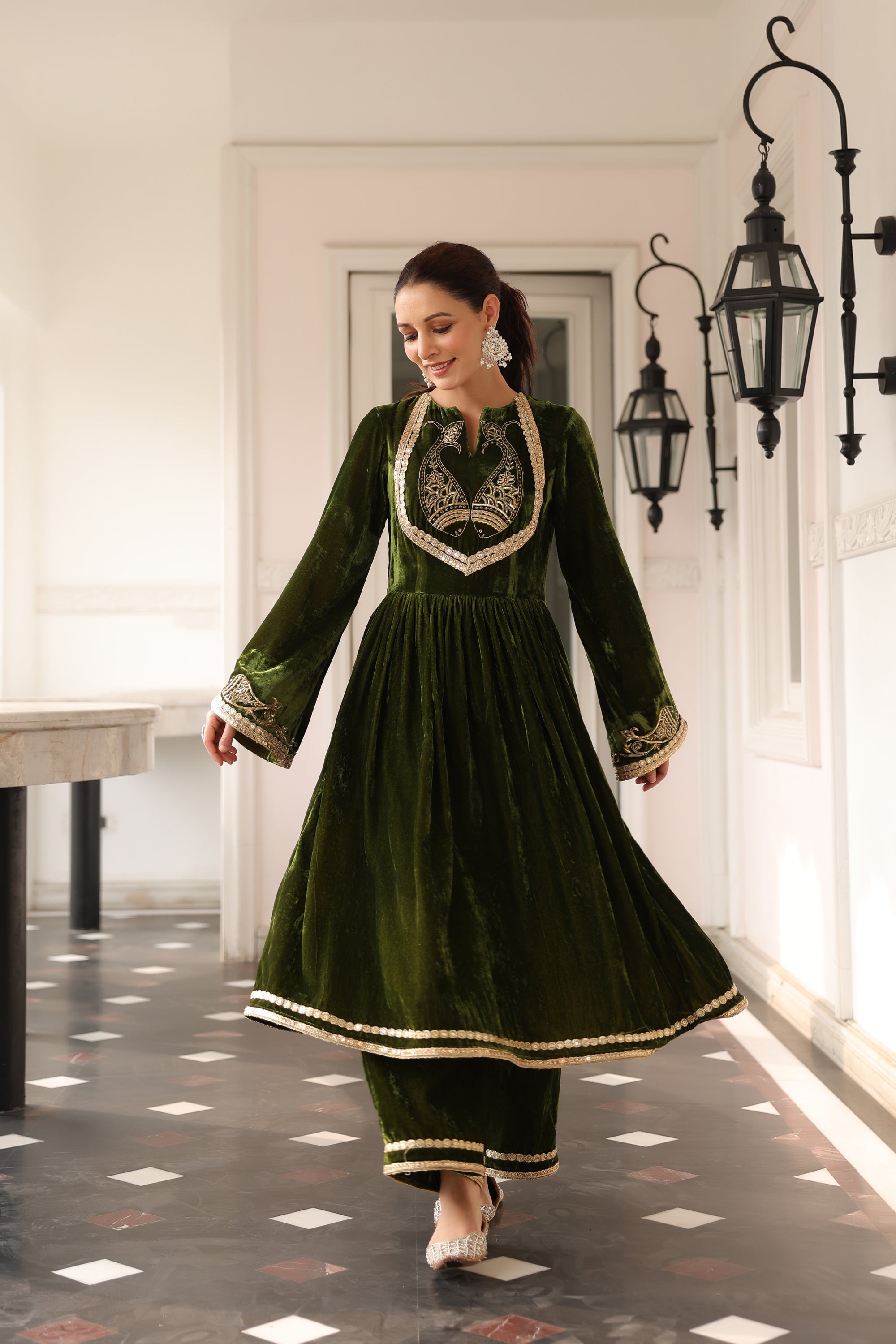GREEN VELVET KURTA SET