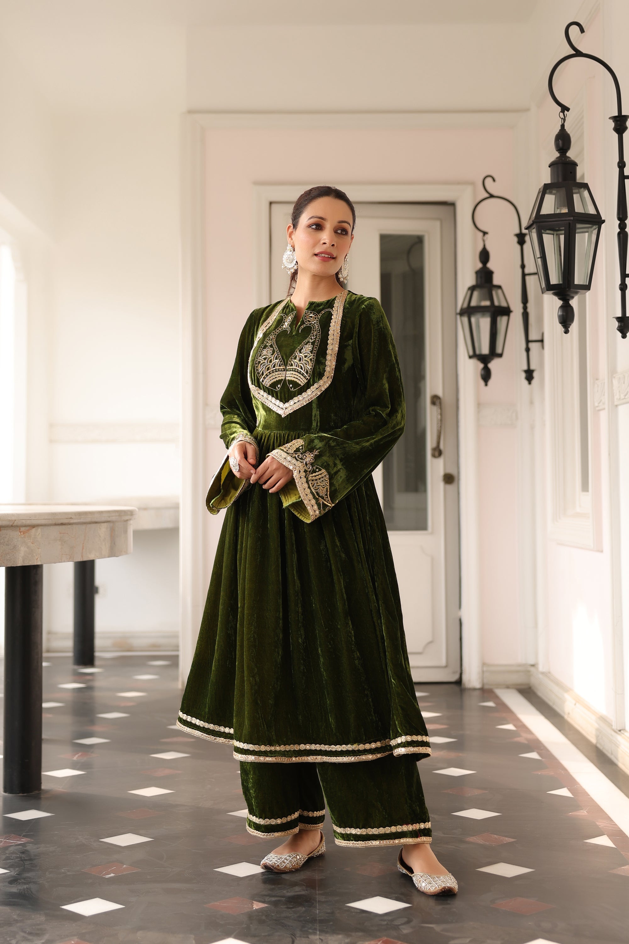 GREEN VELVET KURTA SET