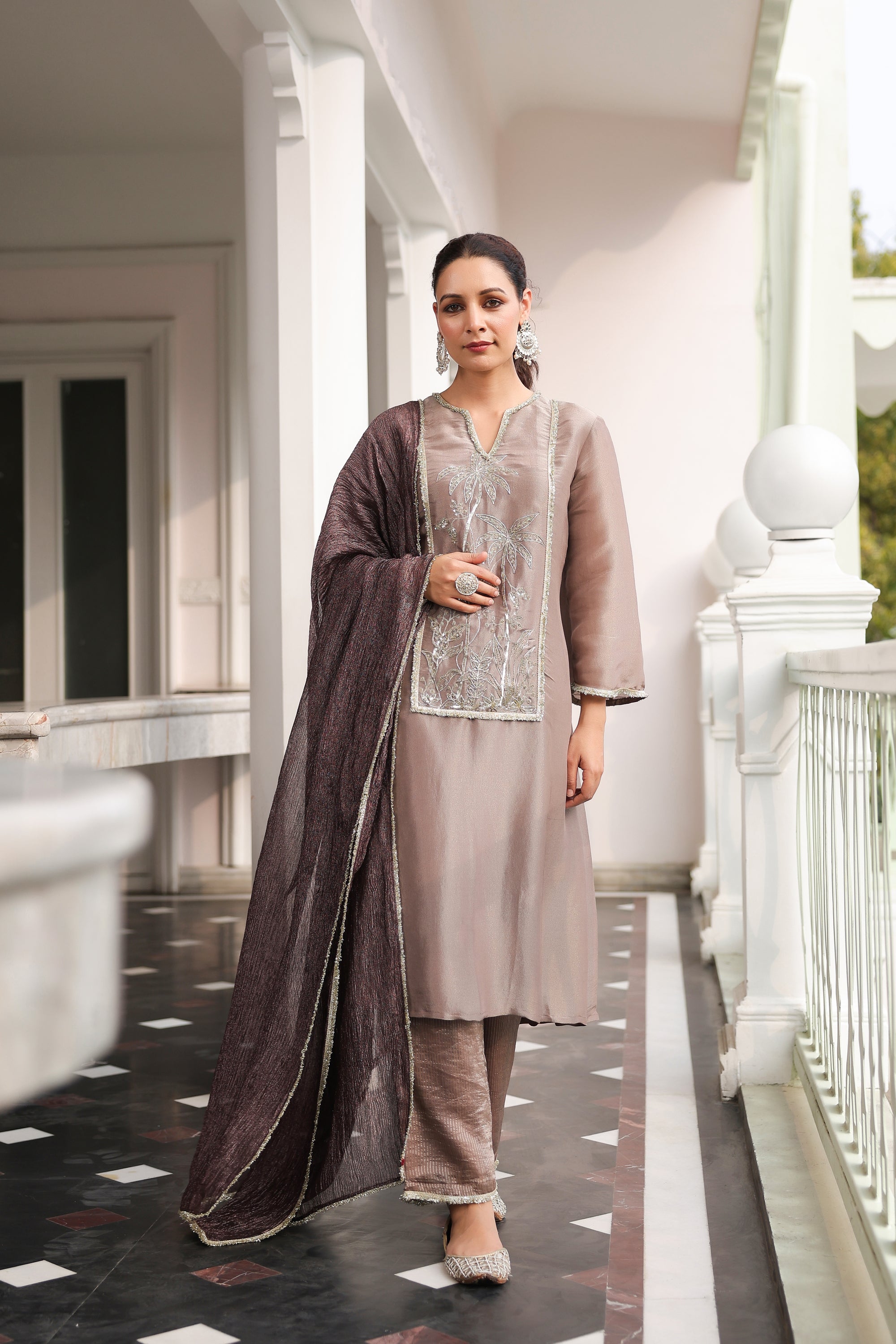 LILAC EMBROIDERED TISSUE KURTA SET