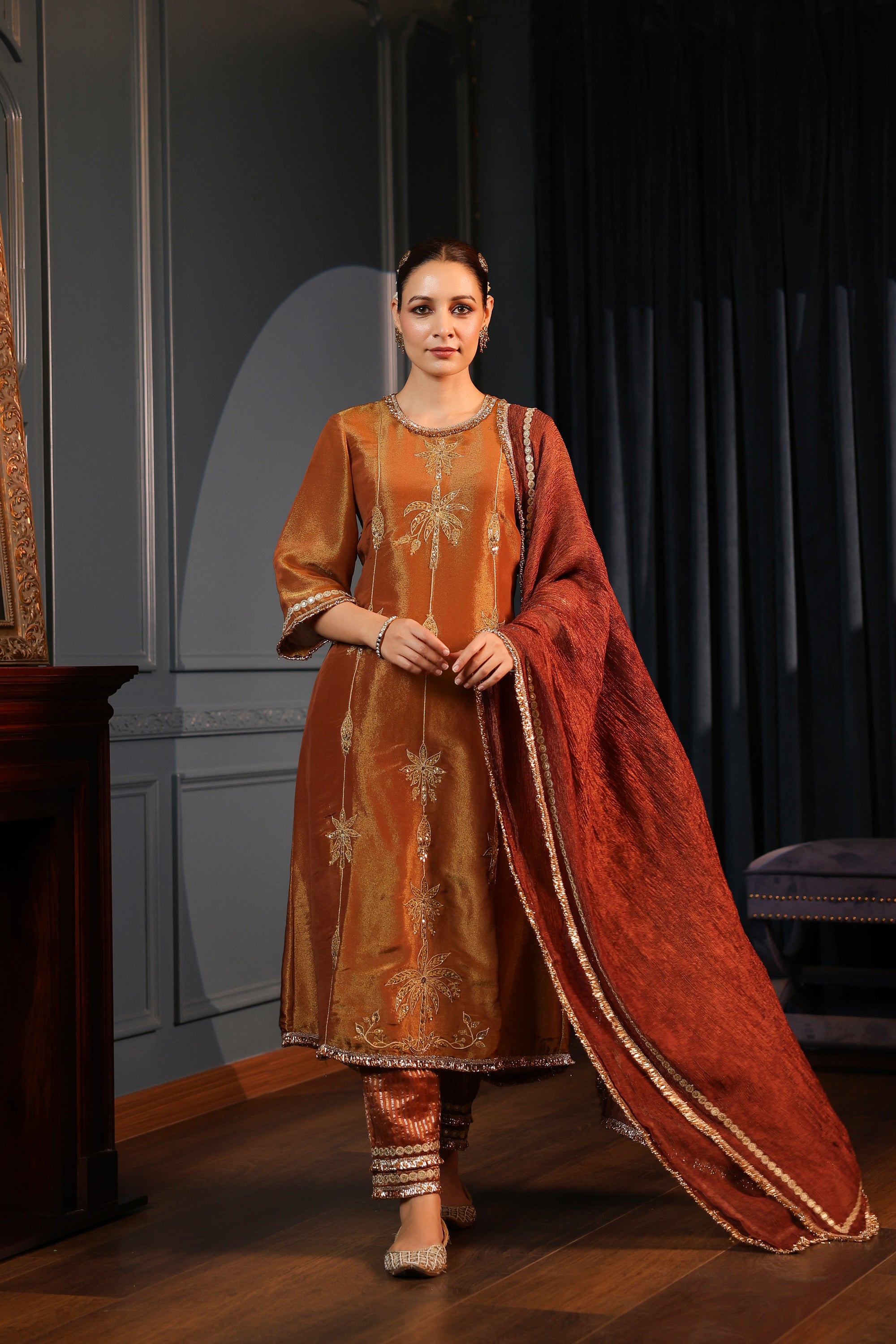 RUST TISSUE EMBROIDERED KURTA SET