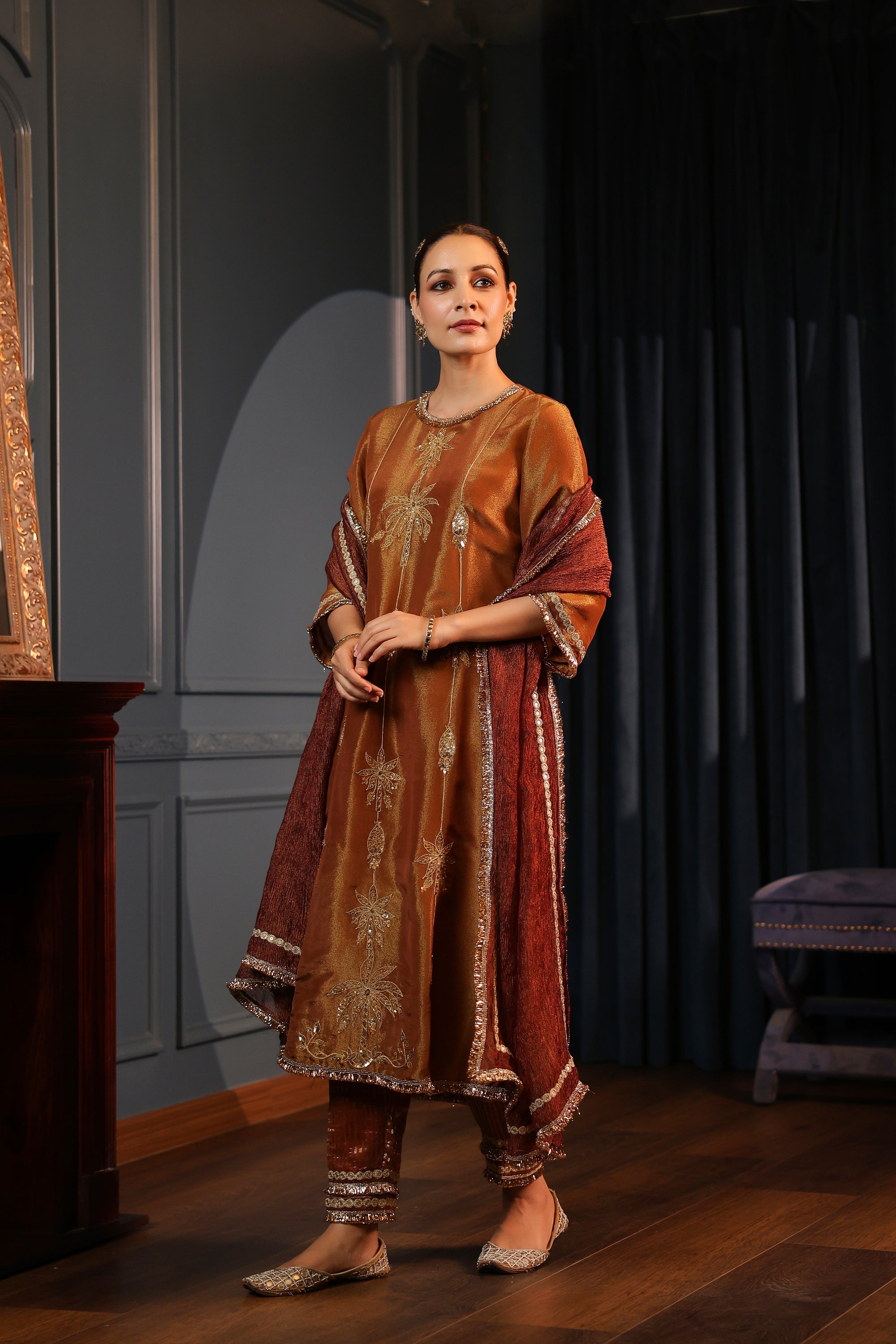 RUST TISSUE EMBROIDERED KURTA SET