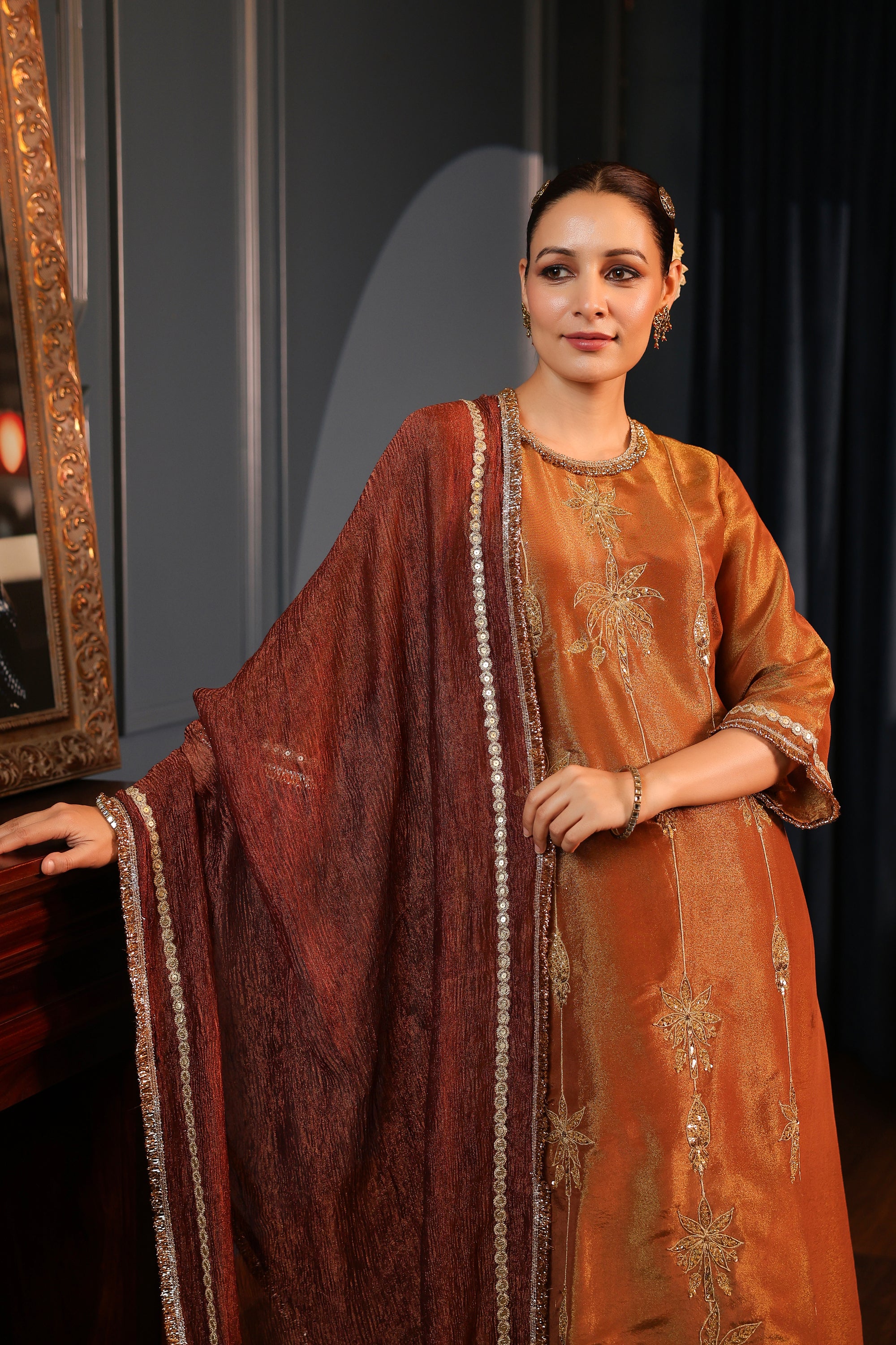 RUST TISSUE EMBROIDERED KURTA SET