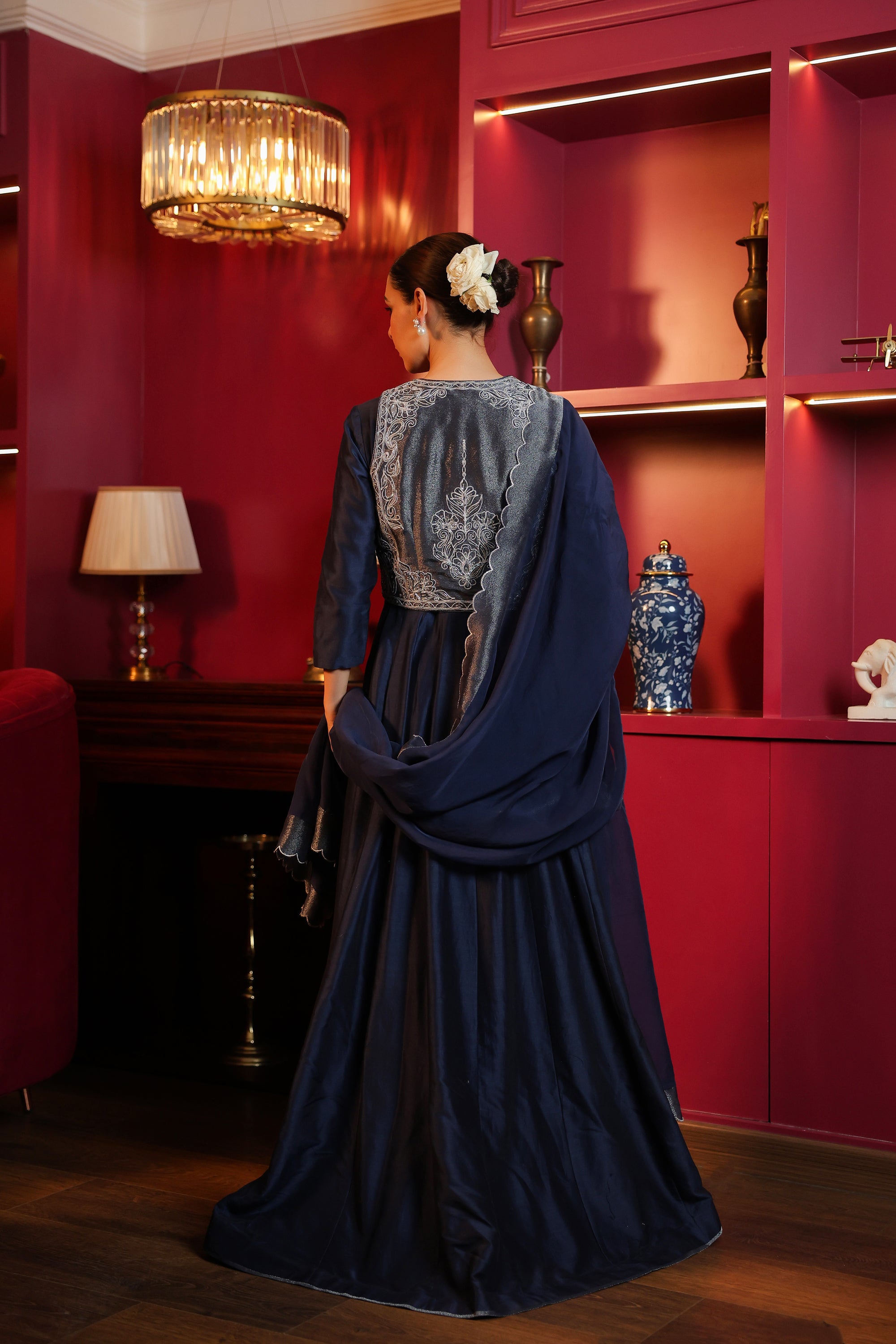 NAVY BLUE EMBROIDERED JACKET SET WITH DUPATTA