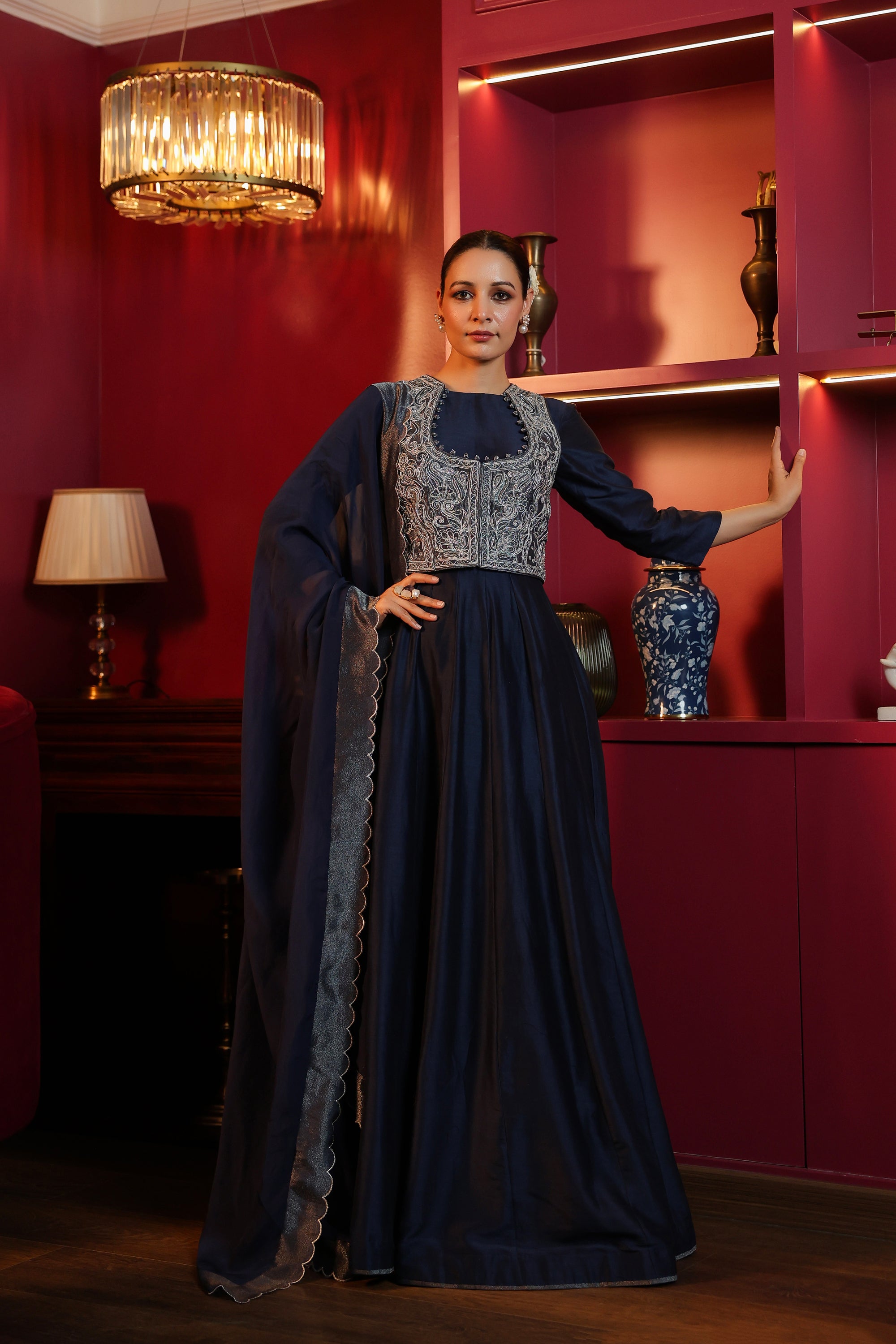 NAVY BLUE EMBROIDERED JACKET SET WITH DUPATTA