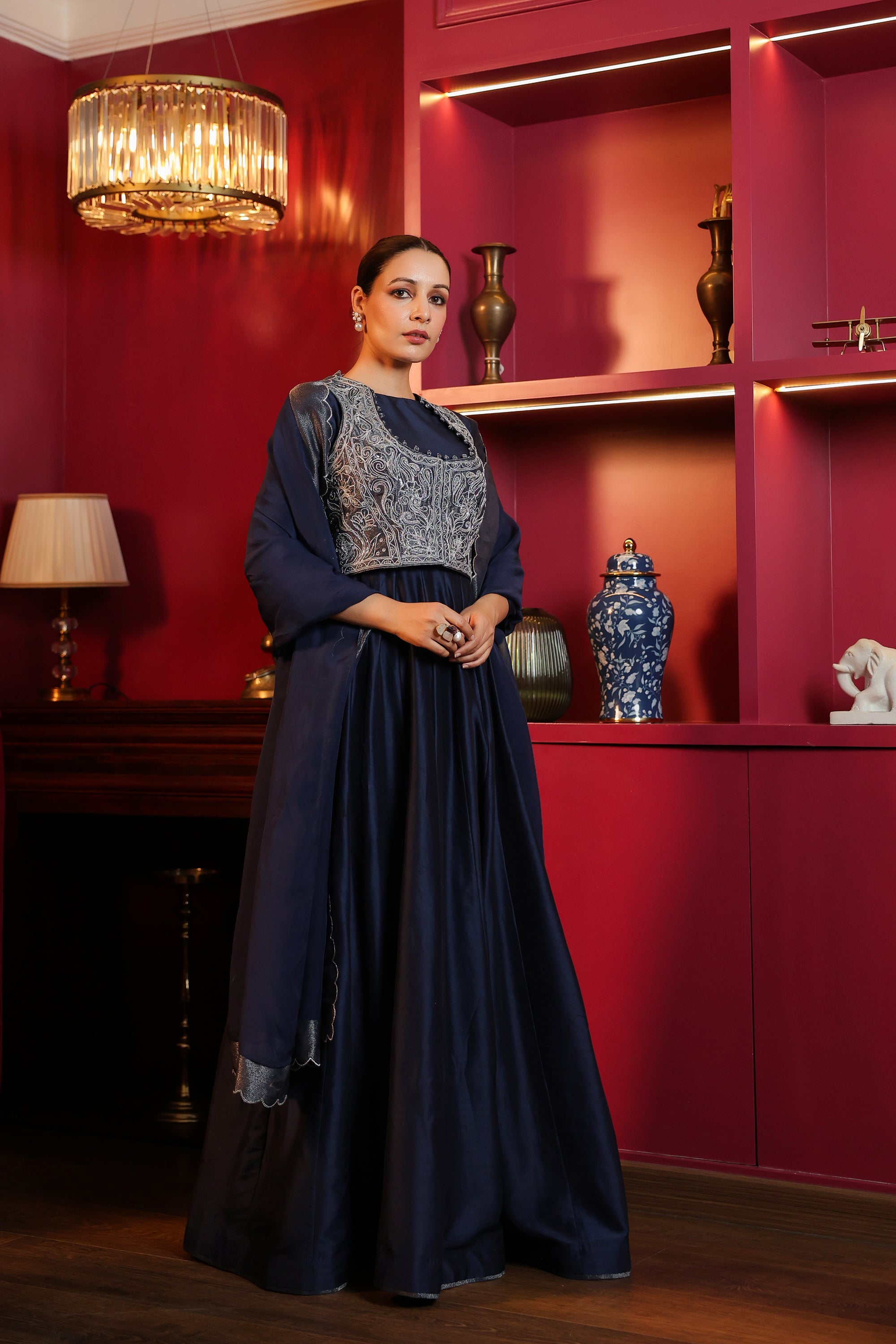 NAVY BLUE EMBROIDERED JACKET SET WITH DUPATTA