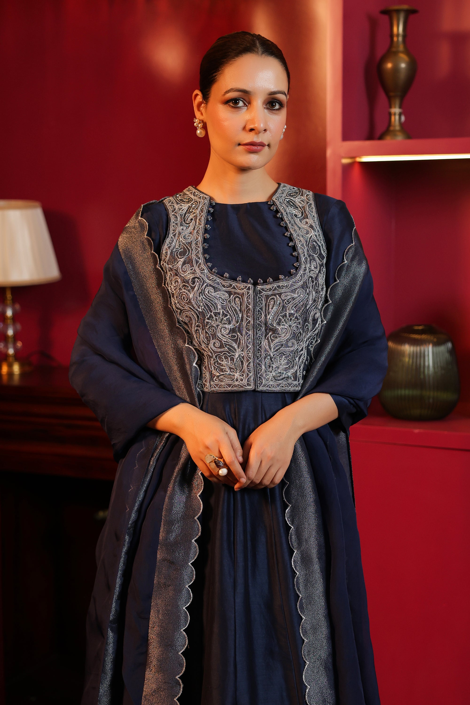 NAVY BLUE EMBROIDERED JACKET SET WITH DUPATTA