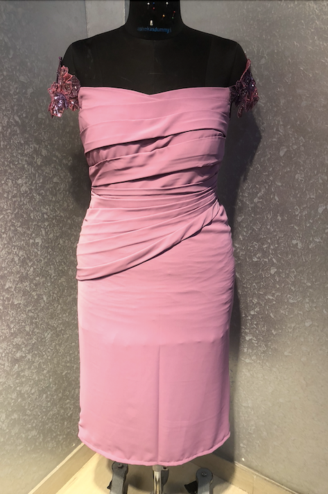 LILAC OFF SHOULDER DRAPED DRESS WITH APPLIQUE FLOWERS