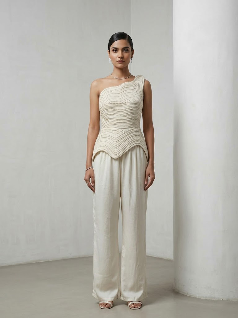 IVORY ONE-SHOULDER TEXTURED CO-ORD SET WITH FLARED PANTS.