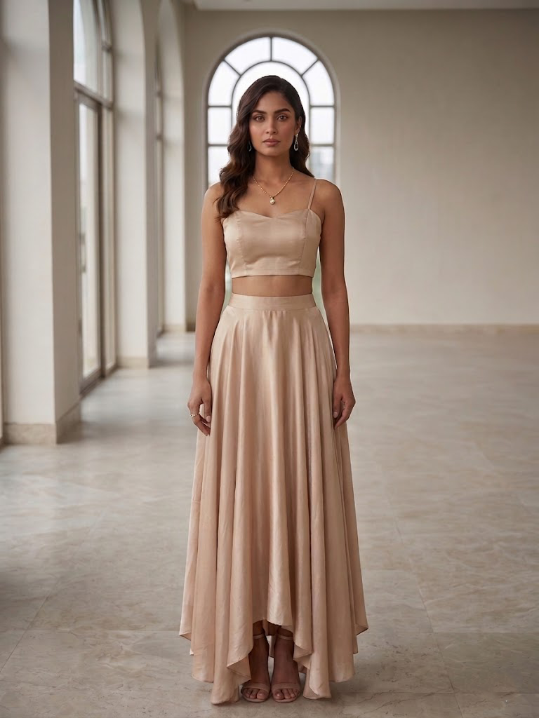 BEIGE BEAD AND WIRE EMBELLISHED CAPE TOP WITH DRAPED SKIRT.