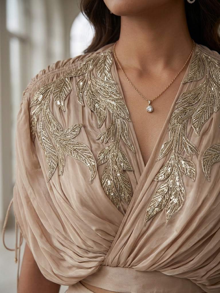 BEIGE BEAD AND WIRE EMBELLISHED CAPE TOP WITH DRAPED SKIRT.