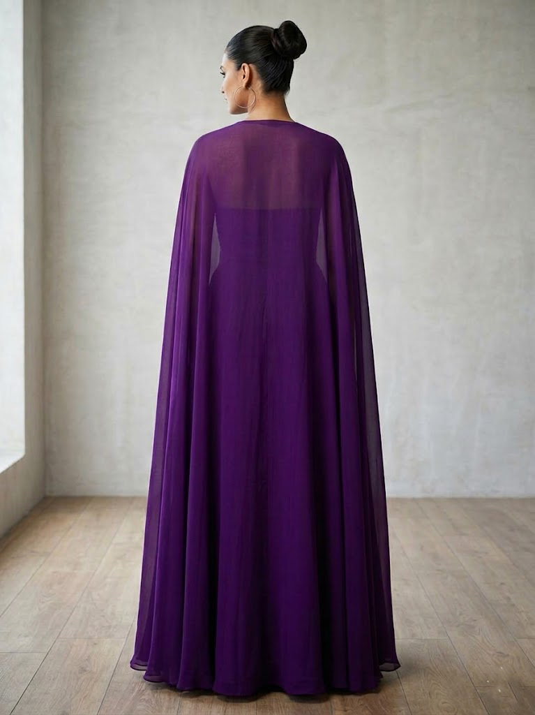PURPLE EMBROIDERED CORSET TOP WITH FLARED SKIRT AND CAPE.
