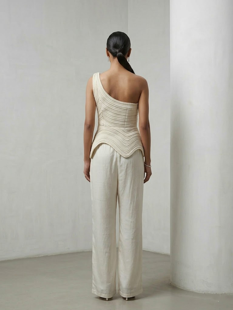 IVORY ONE-SHOULDER TEXTURED CO-ORD SET WITH FLARED PANTS.