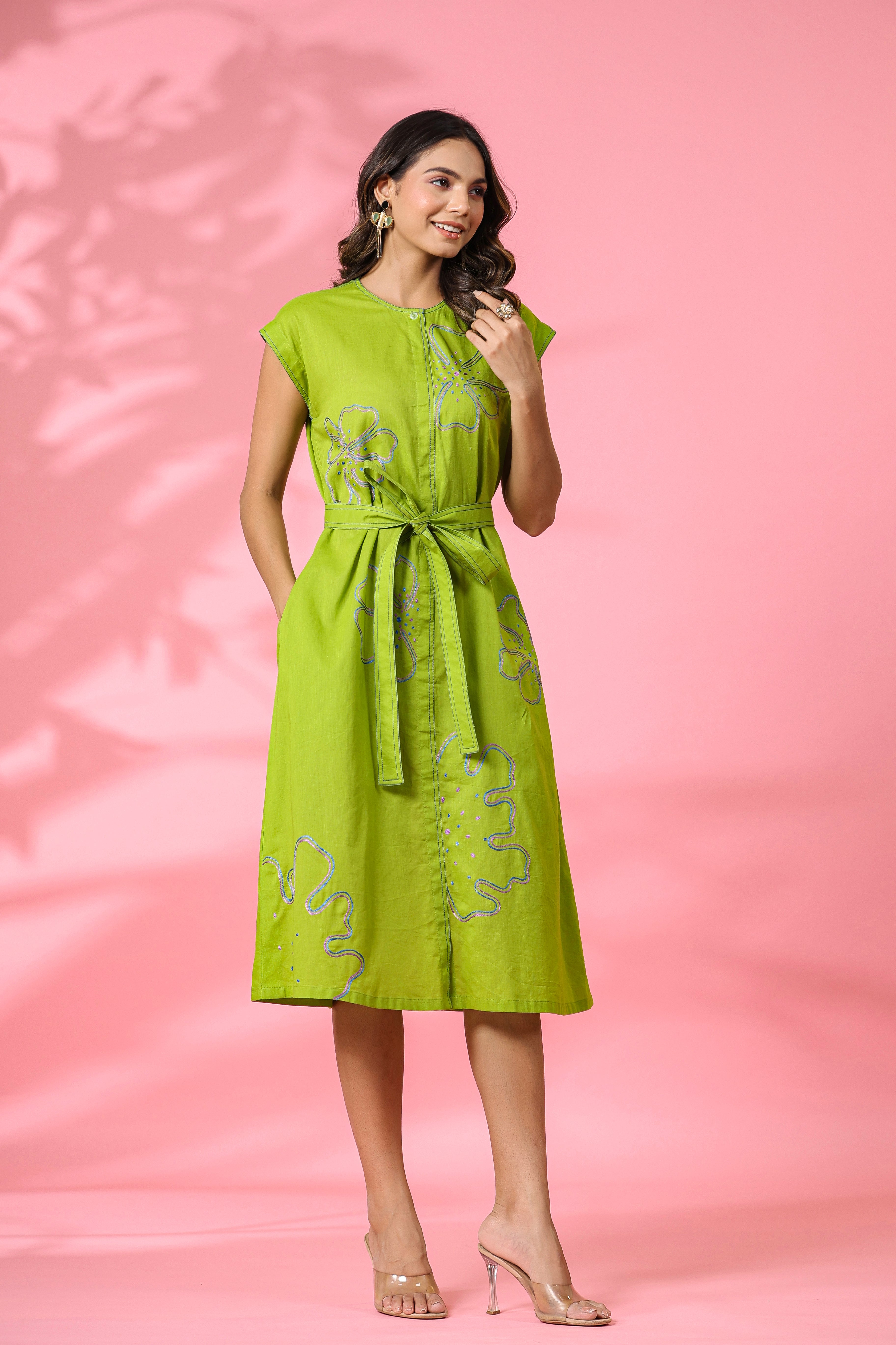 Green Cotton Dress With Belt
