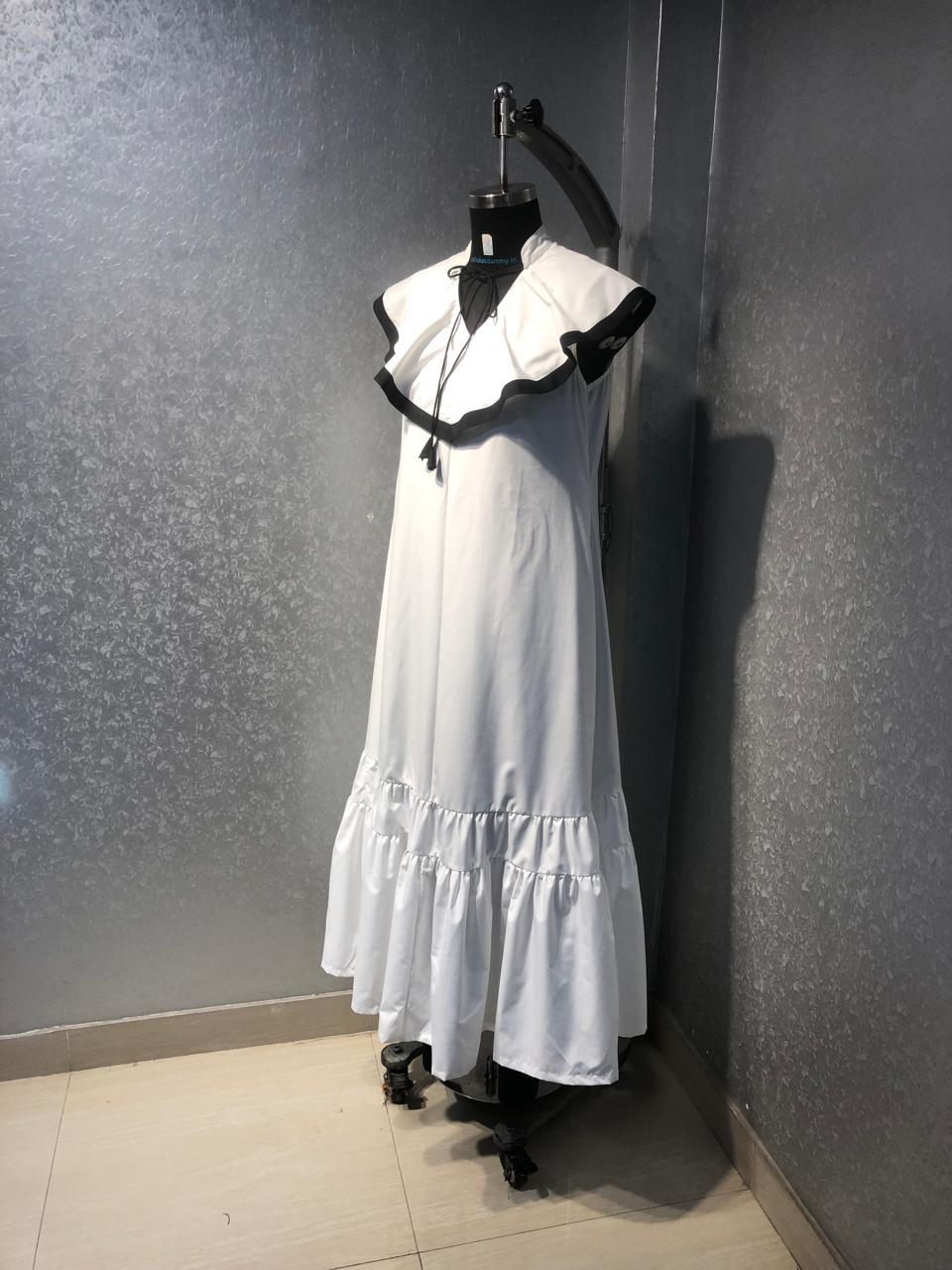 WHITE RUFFLE MIDI DRESS WITH BLACK BELT