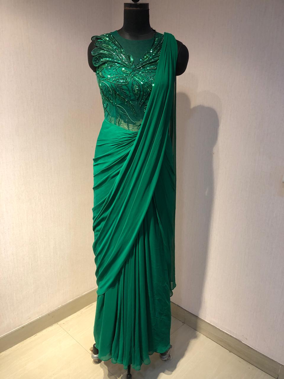 GREEN CORSET STYLE 3D WORK DRAPE SAREE