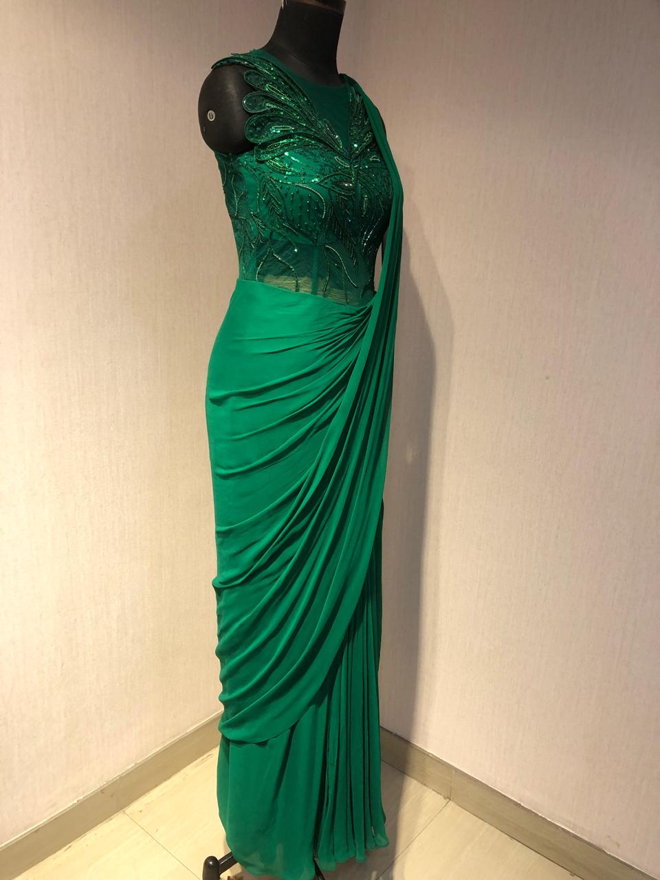 GREEN CORSET STYLE 3D WORK DRAPE SAREE