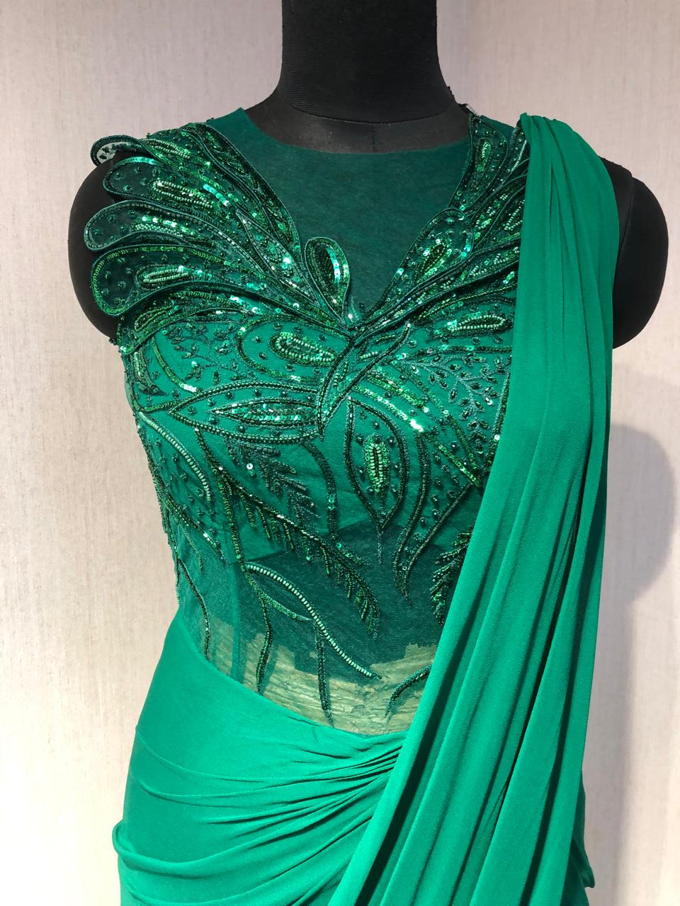GREEN CORSET STYLE 3D WORK DRAPE SAREE