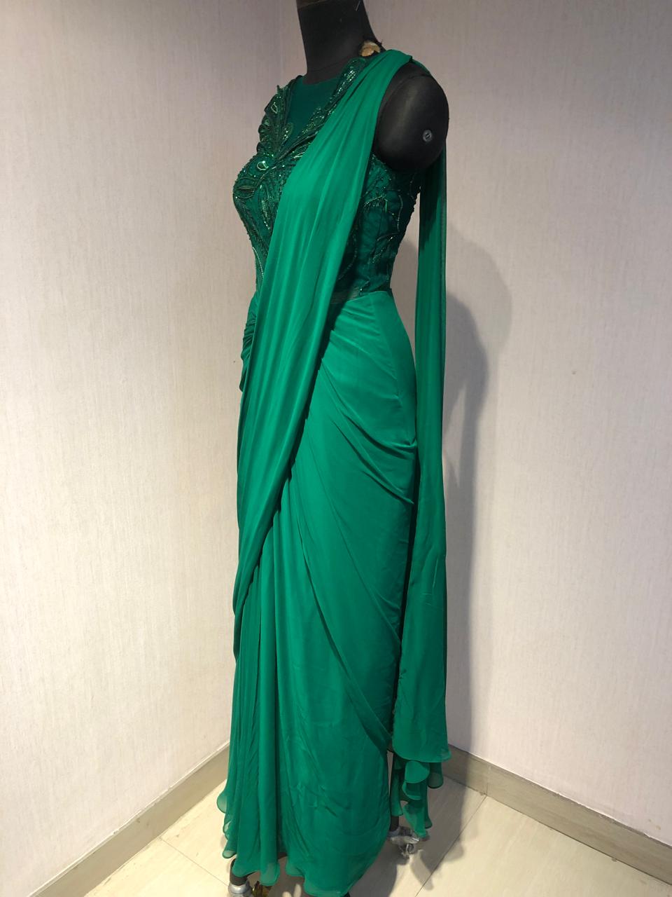 GREEN CORSET STYLE 3D WORK DRAPE SAREE