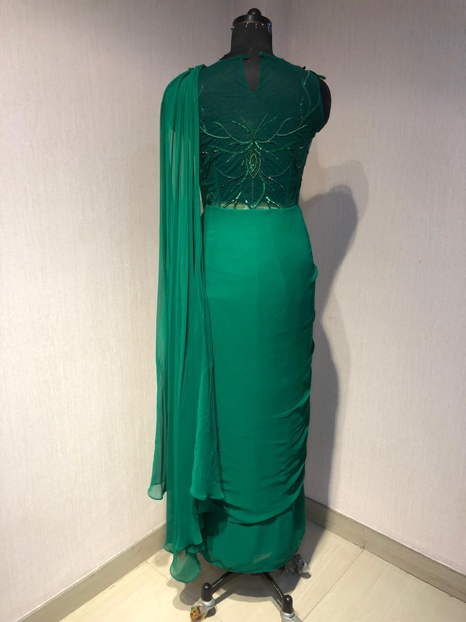 GREEN CORSET STYLE 3D WORK DRAPE SAREE