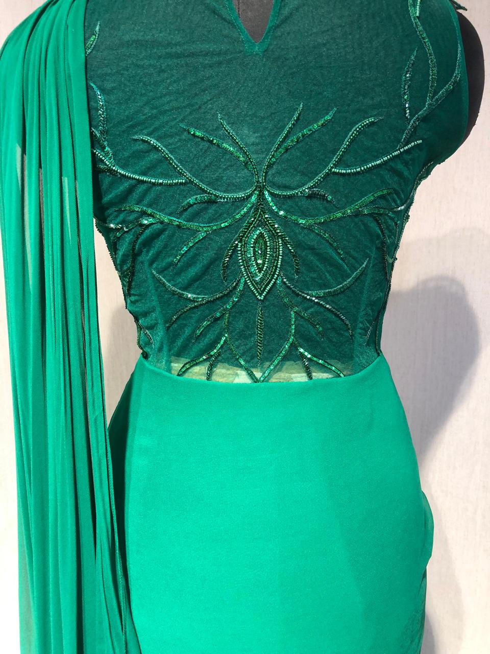 GREEN CORSET STYLE 3D WORK DRAPE SAREE