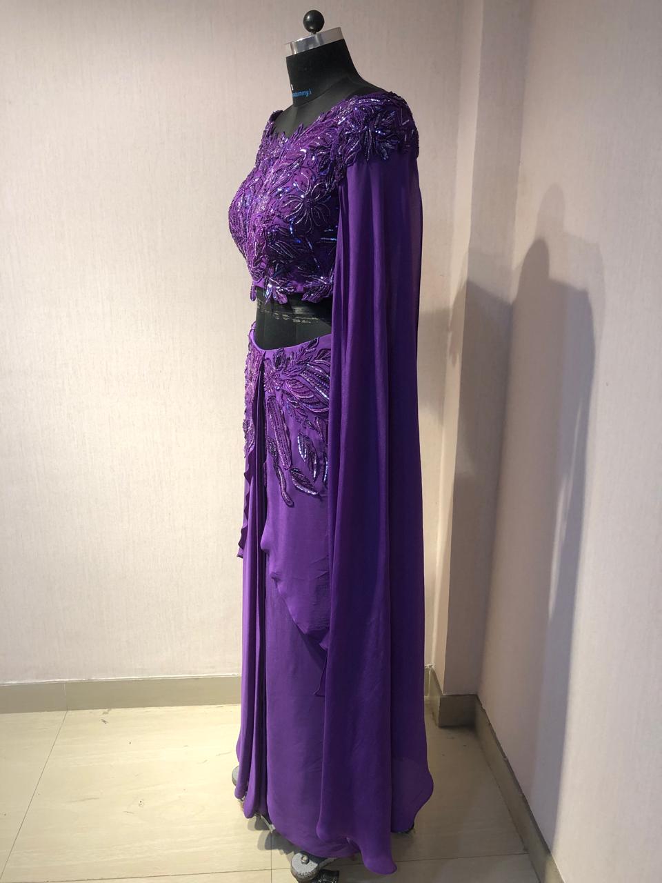 PURPLE ONE SHOE SHOULDER STYLE APPLIQUE DRAPE DAREE