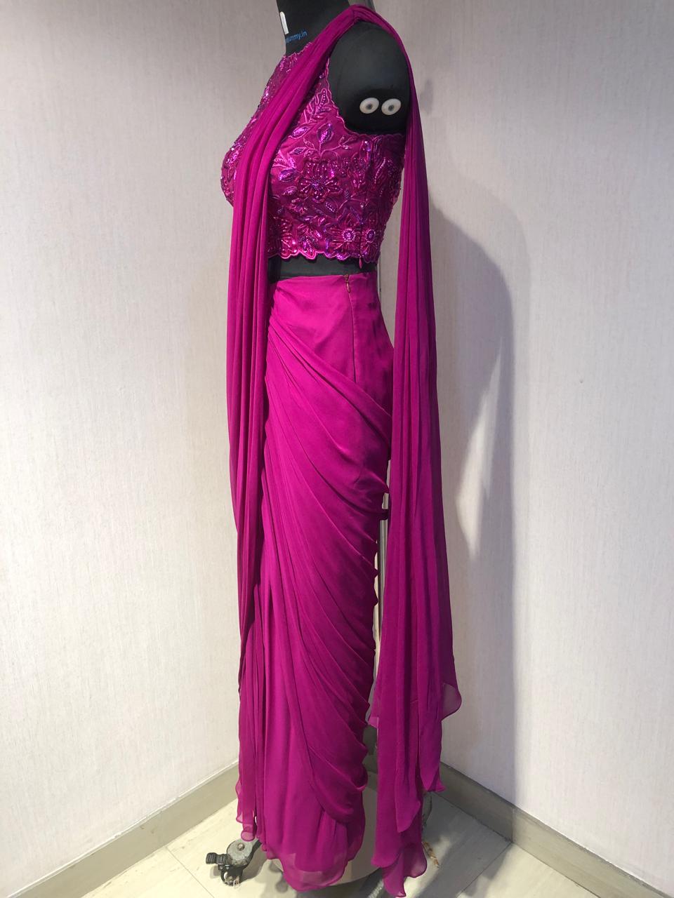 MAGENTA DRAPE SAREE WITH EMBROIDERED BLOUSE