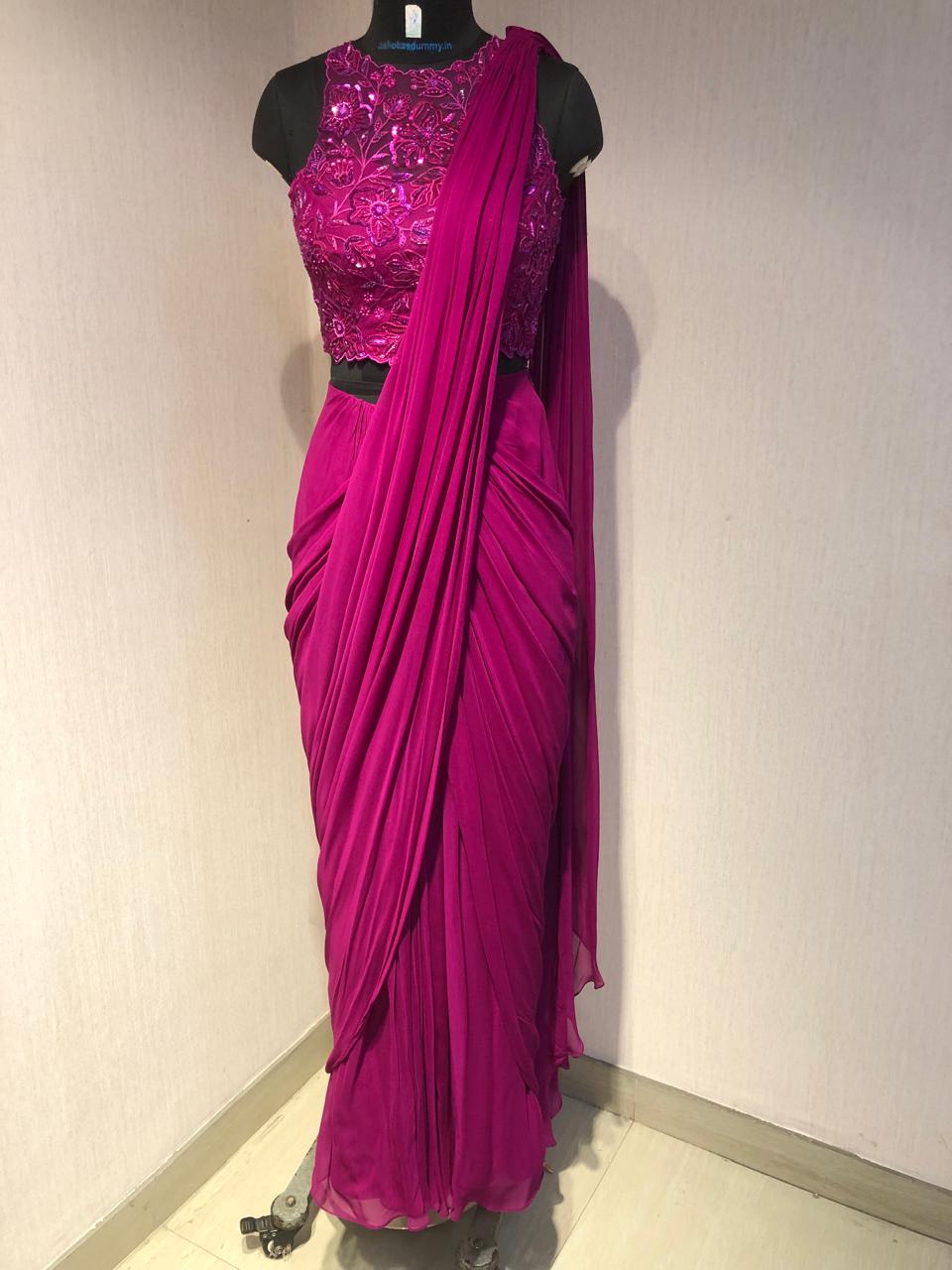 MAGENTA DRAPE SAREE WITH EMBROIDERED BLOUSE