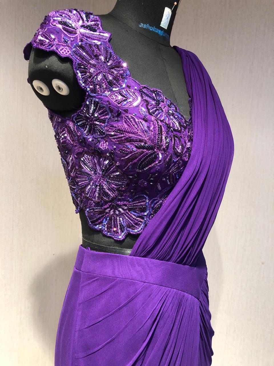 PURPLE DRAPE SAREE WITH APPLIQUE FLORAL WORK BLOUSE